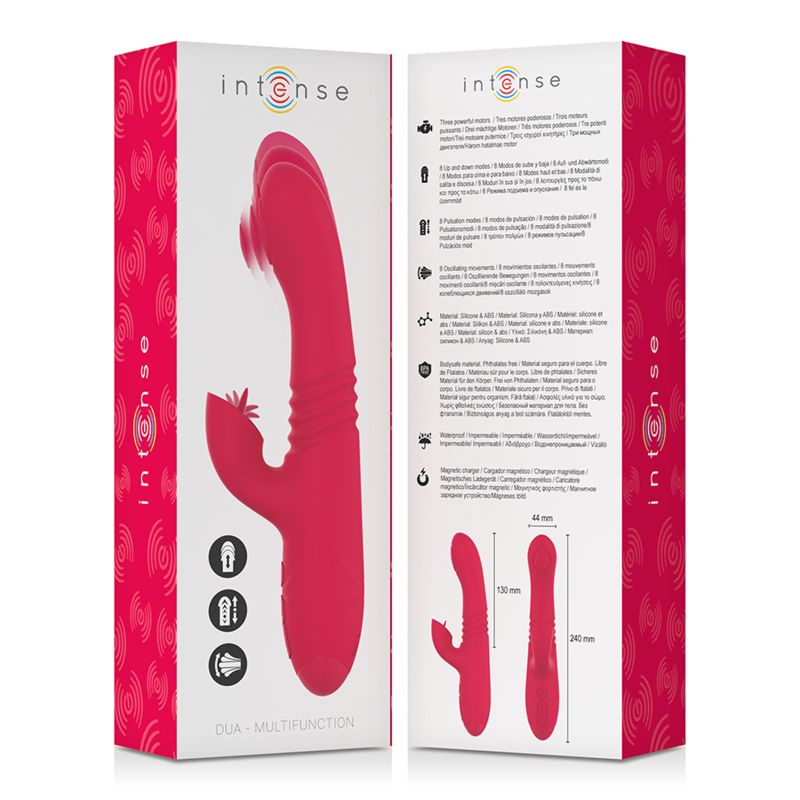 Verpackung mit rotem Vibrator. Marke 'intense'. Produktabbildung und technische Details auf der Verpackung.