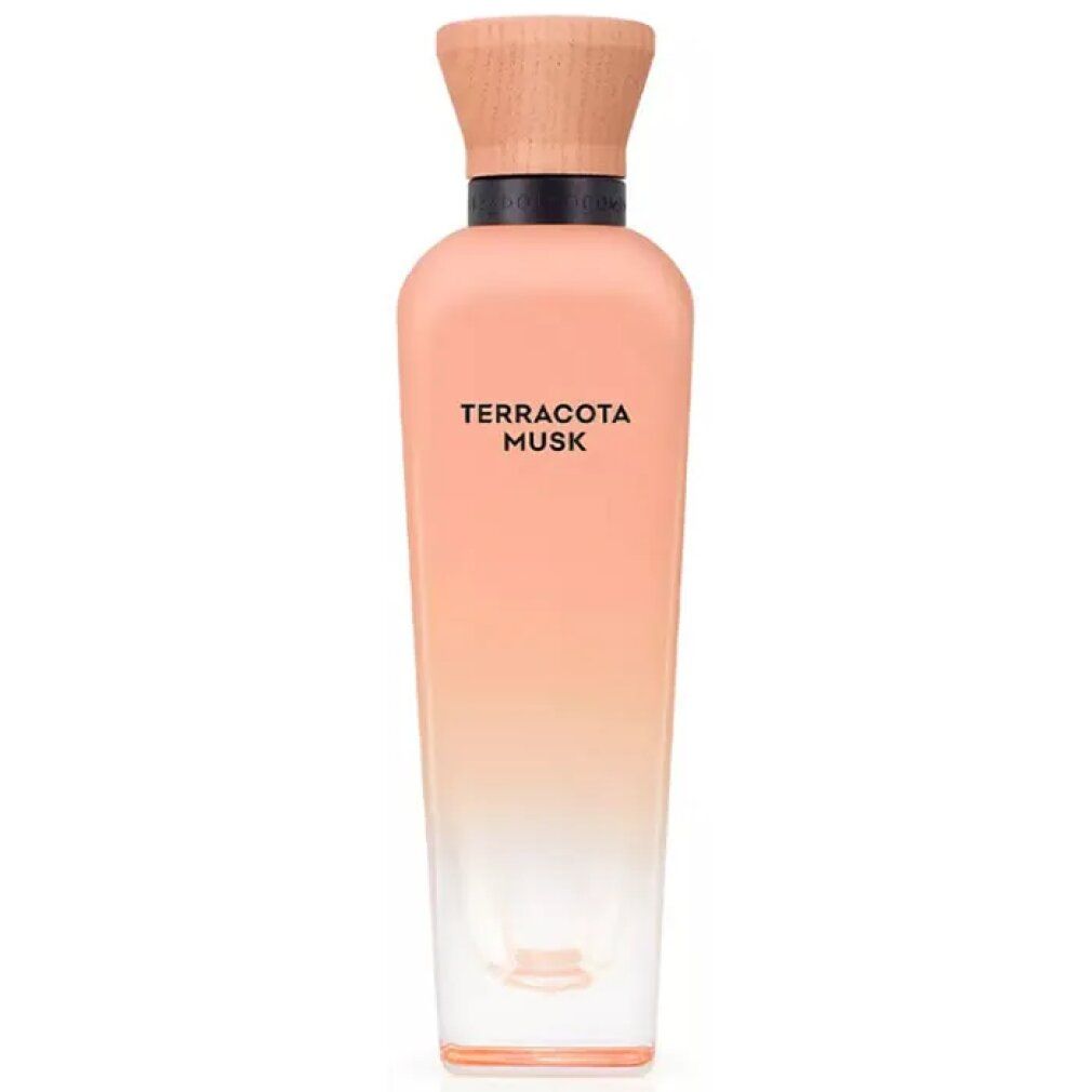 Parfümflasche mit Holzverschluss, rosa Farbverlauf. Produktname in schwarzer Schrift. Transparenter Glasboden.