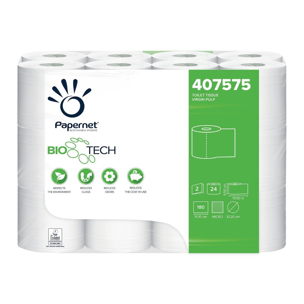 Papernet Toilettenpapier-Packung. Weiße Rollen, 2-lagig, mit Bio Tech Technologie. Grüne Verpackung mit Produktinformationen und Logos.