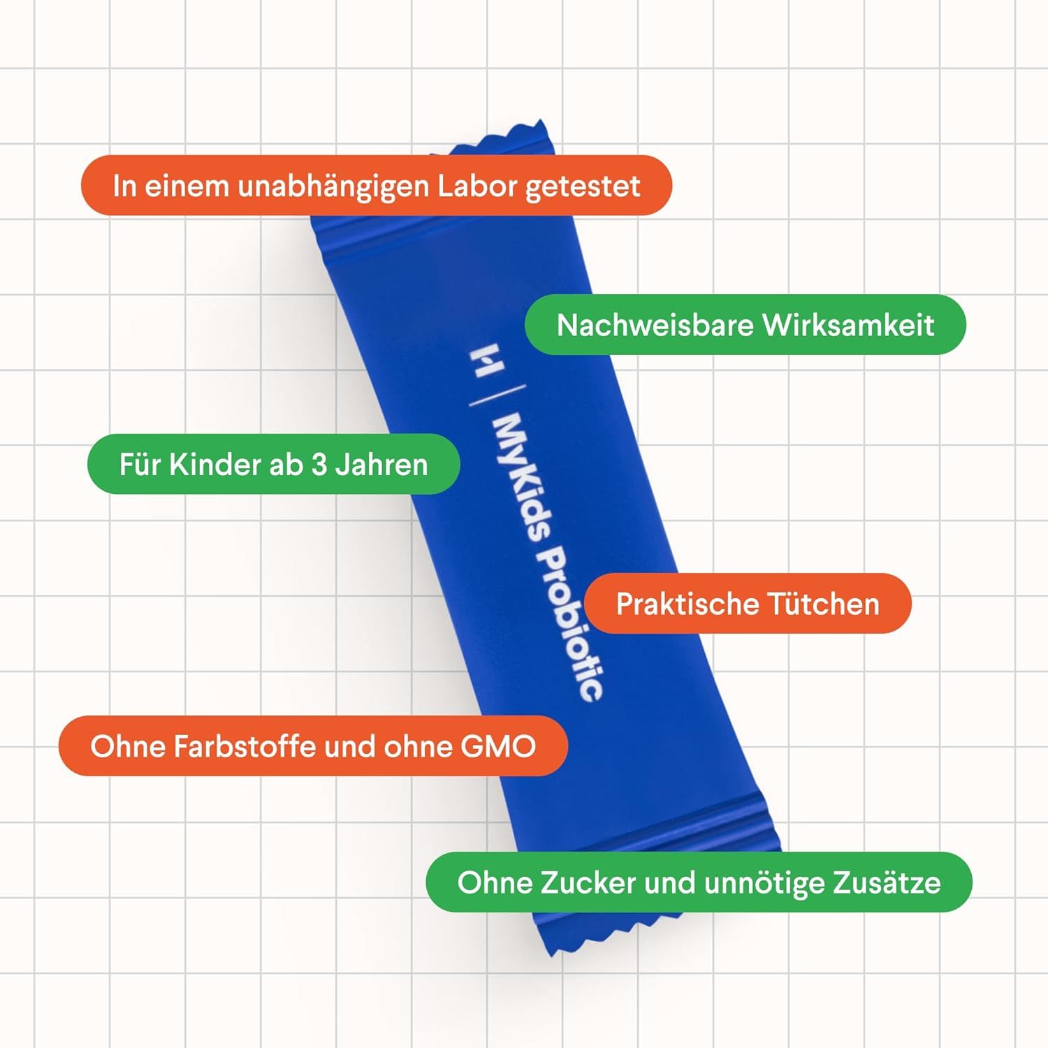 Blauer Beutel mit Probiotikum. Text: Getestet, Wirksamkeit, ab 3 Jahren, ohne Zucker, ohne Zusätze, praktische Tüten.