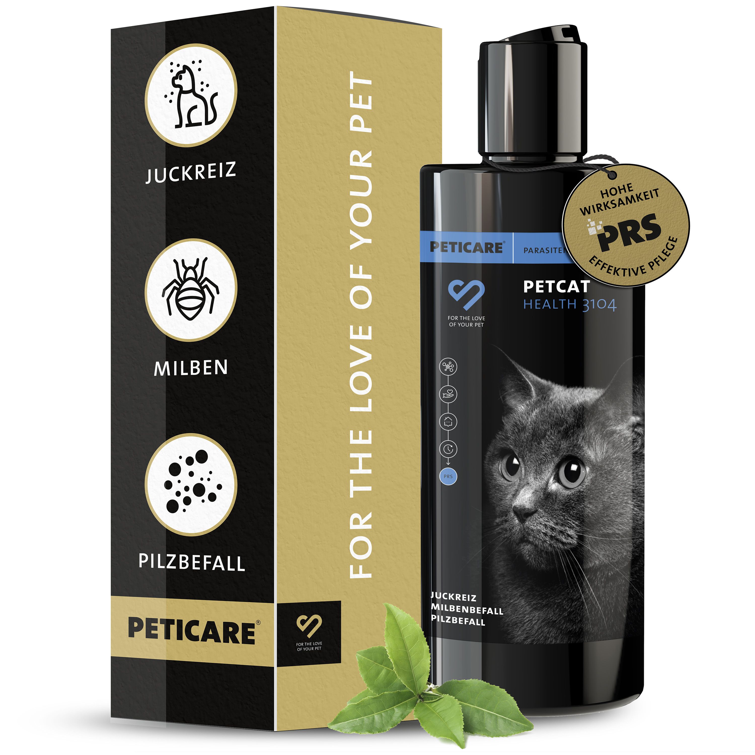 Peticare Katzen-Shampoo, Flasche und Verpackung. Gegen Juckreiz, Milben und Pilzbefall. Mit PRS-Siegel.