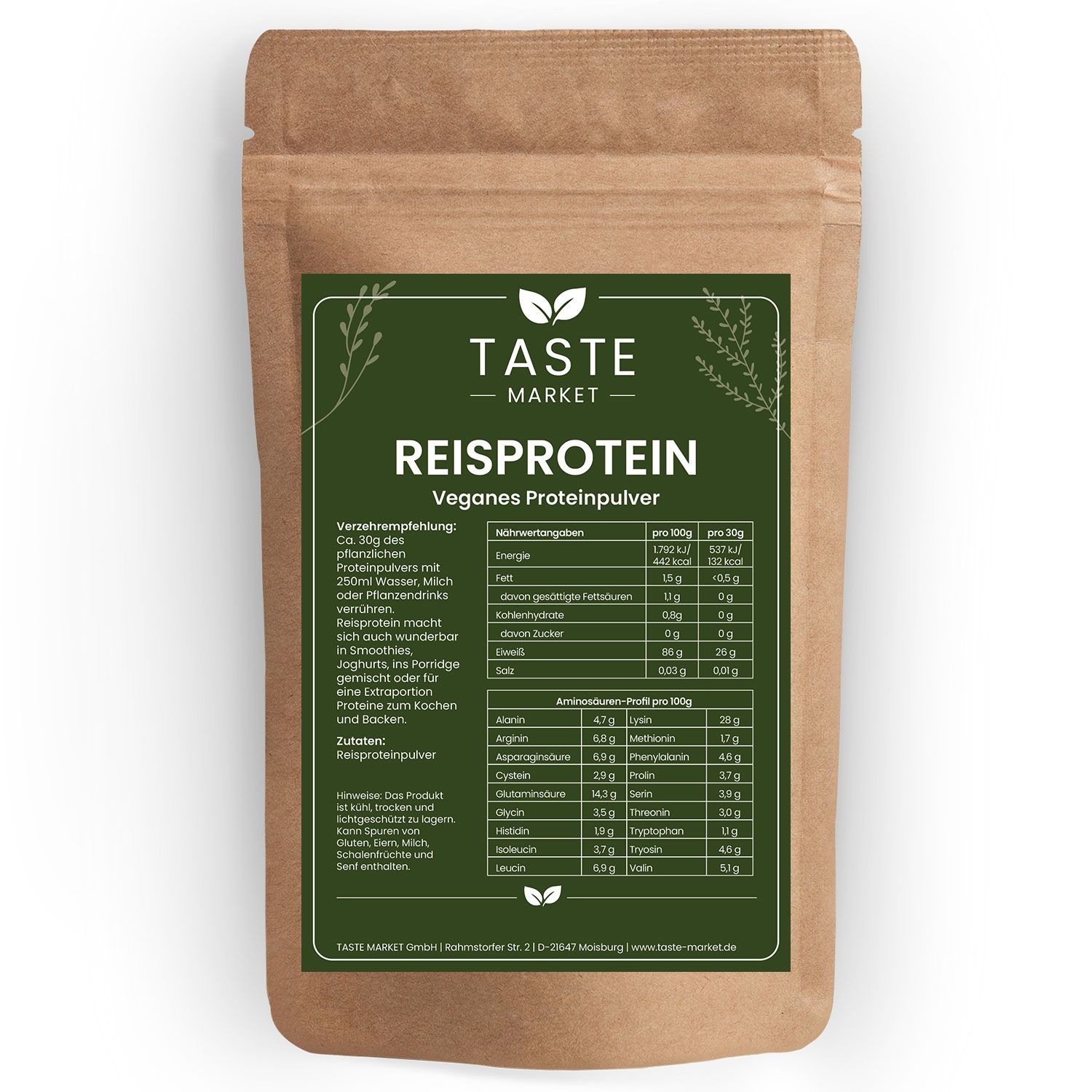 Taste Market Reisprotein: Veganes Protein Pulver in brauner Standverpackung mit Nährwertangaben.