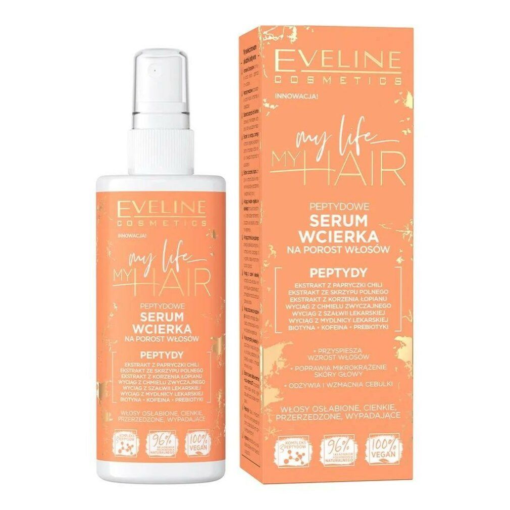 Eveline My Life My Hair Serum. Flasche mit Sprühkopf und Karton. Orangefarbenes Design mit Text. Vegan-Siegel.
