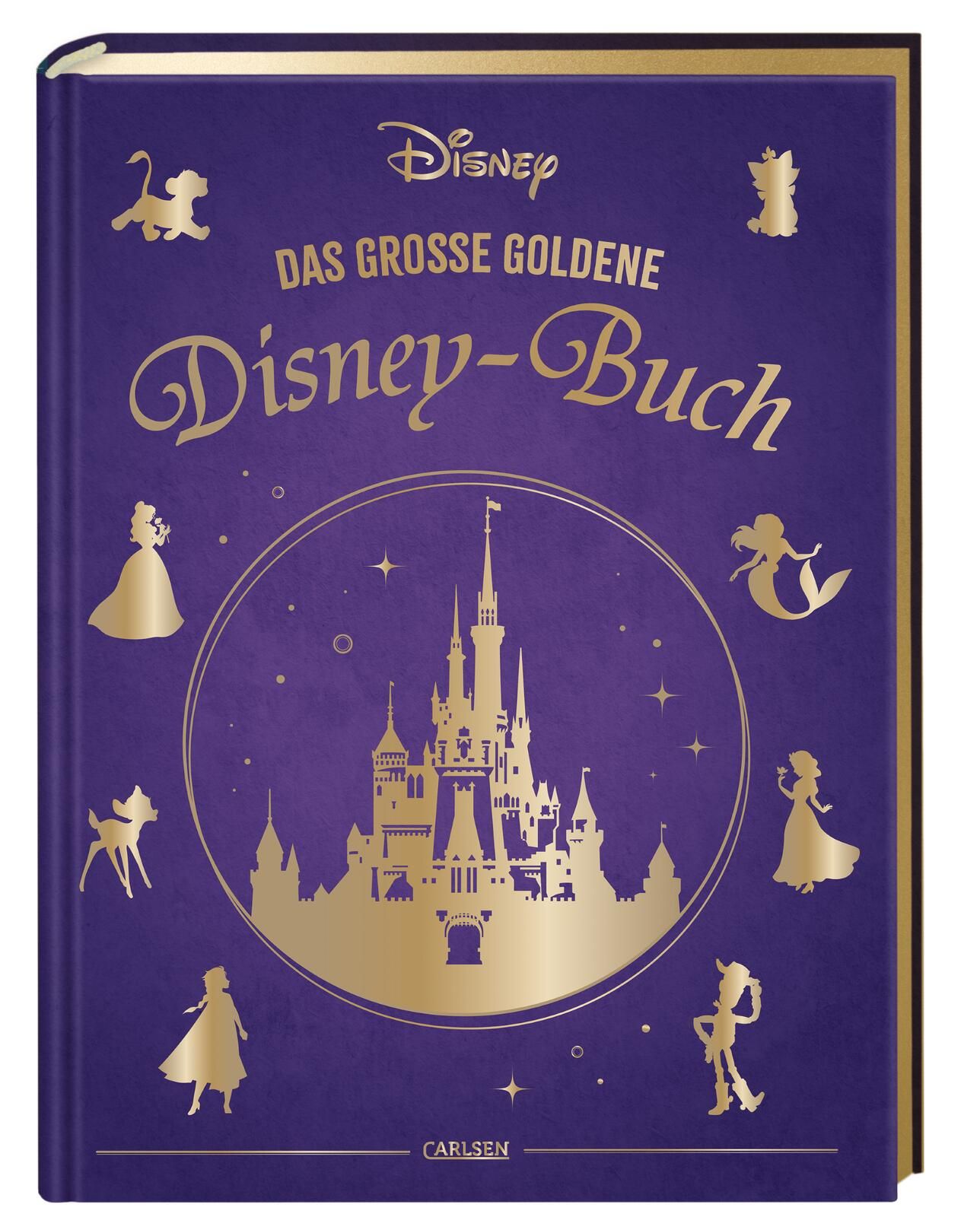 Violettes Buch mit goldenem Titel "Das große goldene Disney-Buch". Disney-Logo oben. Illustrationen von Disney-Figuren.