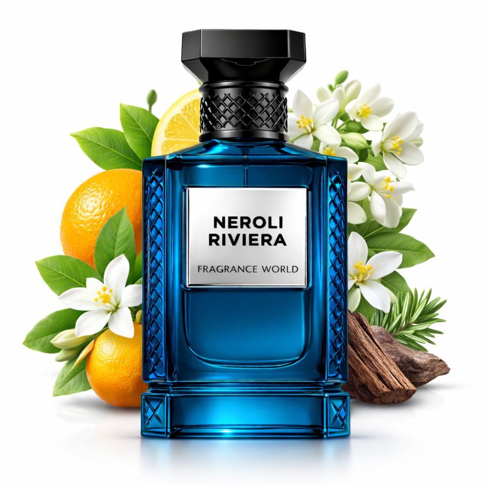 Blaues Parfümflakon mit Früchten und Blüten. Auf dem Etikett steht "NEROLI RIVIERA" und "FRAGRANCE WORLD".