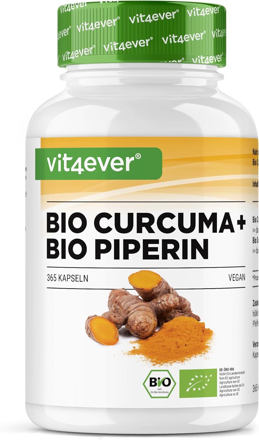 Vit4ever Bio Curcuma + Bio Piperin Kapseldose mit Kurkumawurzeln und Pulver.