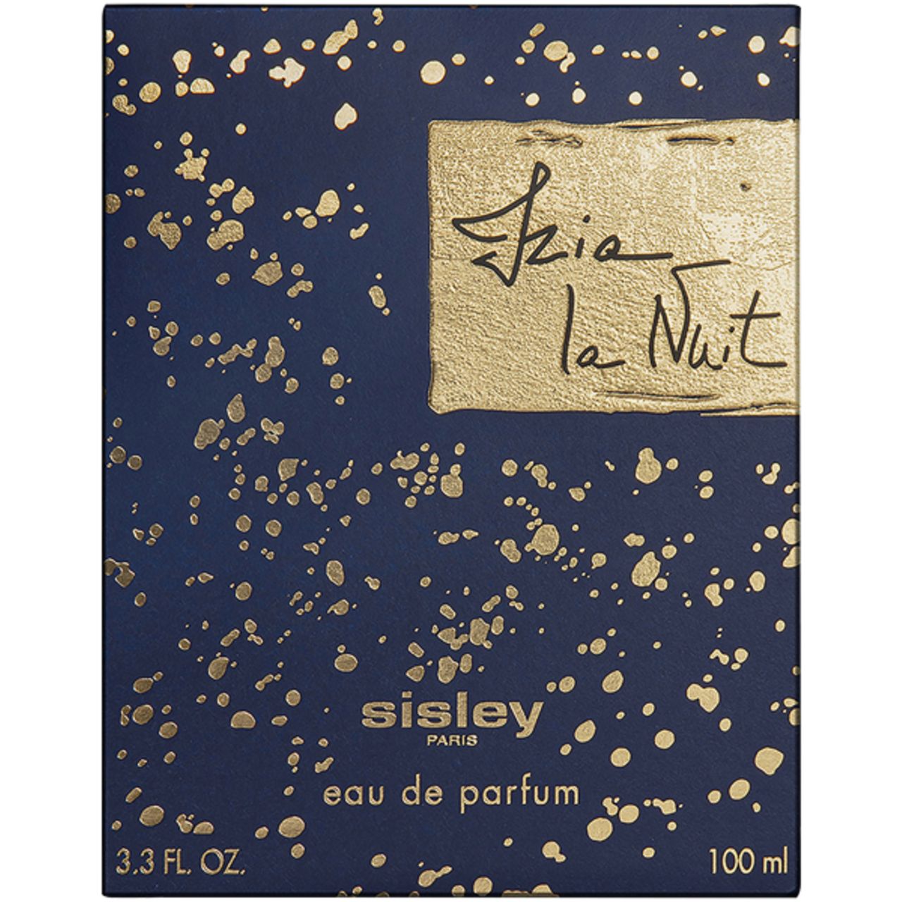 Dunkelblaue Schachtel mit goldenen Spritzern und Schriftzug "Izia la Nuit". Marke Sisley.