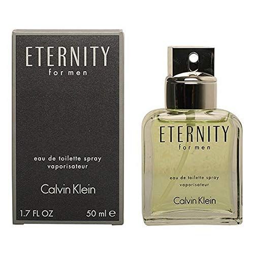 Produktverpackung und Flakon. Aufschrift: ETERNITY FOR MEN, Eau de Toilette Spray, CALVIN KLEIN. 1.7 FL OZ, 50 ml.