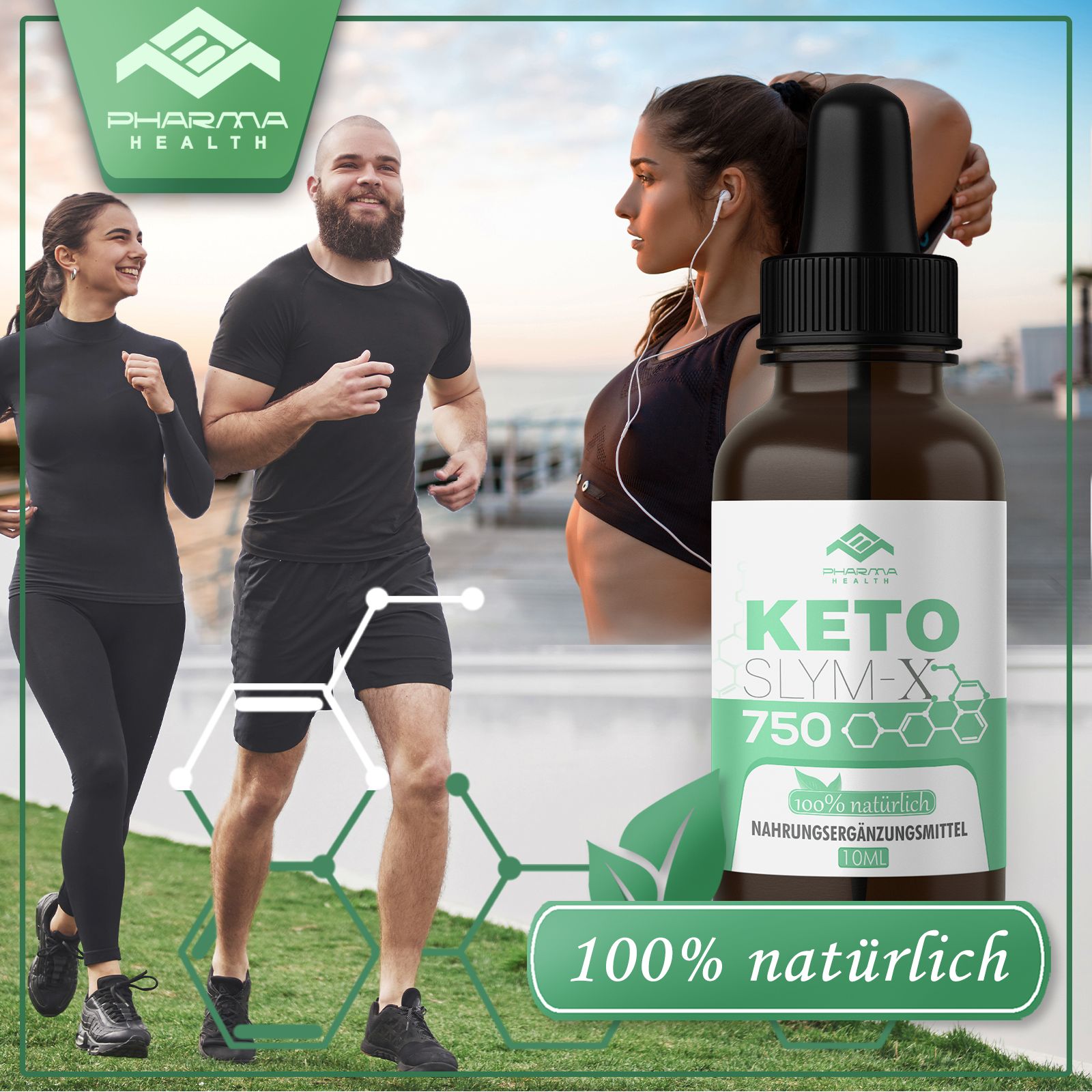 Braune Glasflasche mit schwarzem Tropfer. Auf dem Etikett steht Keto Slym-X 750, 100% natürlich, 10 ml. Personen beim Joggen.