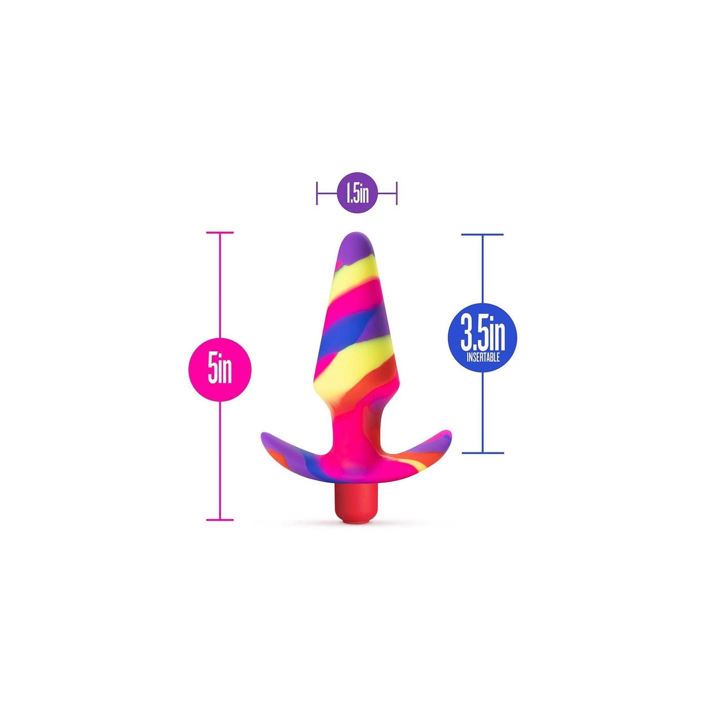 Analplug aus Silikon. Farbverlauf von Lila, Gelb, Orange und Pink. Abmessungen: 5 Zoll hoch, 3,5 Zoll breit, 1,5 Zoll Durchmesser.