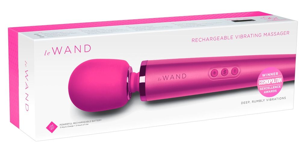 Verpackung für einen magenta Massagestab. Auf der Verpackung sind der Schriftzug "Le Wand" und Auszeichnungen zu sehen.