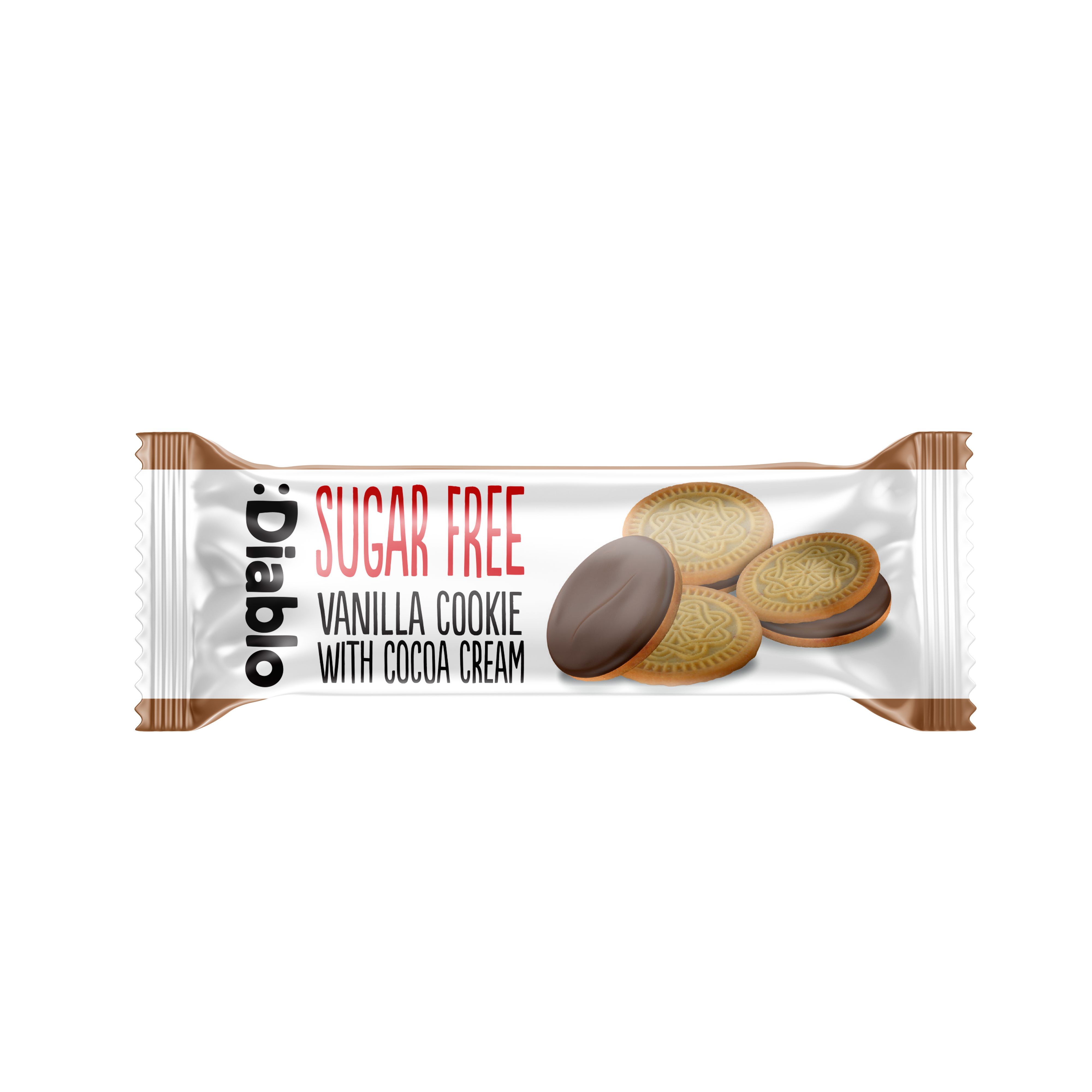 Einzeln verpackter Keks "Diablo Sugar Free Vanilla Cookie with Cocoa Cream". Kekse mit Schokoladenüberzug.