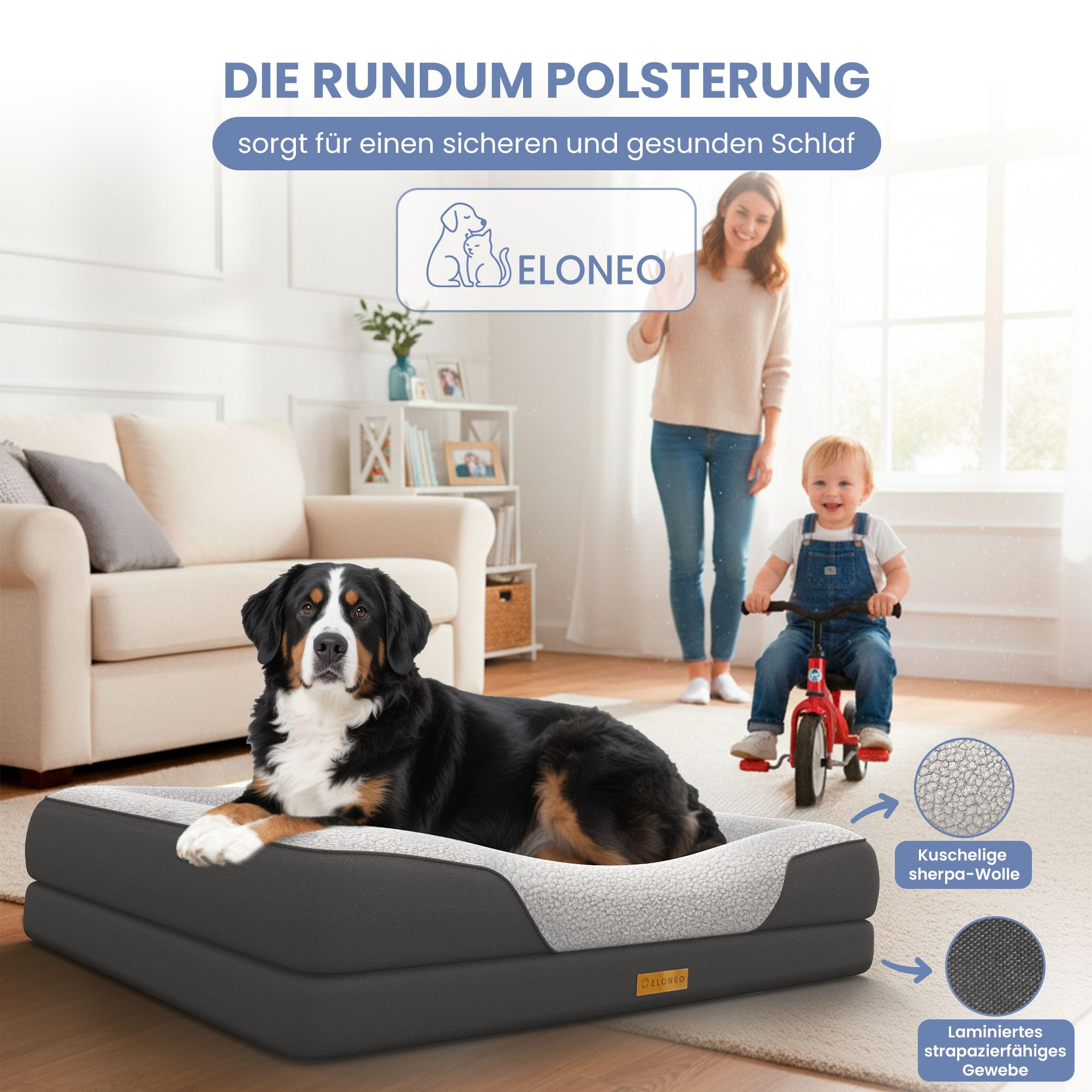 Hundebett, grau. Hund liegt auf dem Bett. Frau und Kind im Hintergrund. ELONEO Logo.