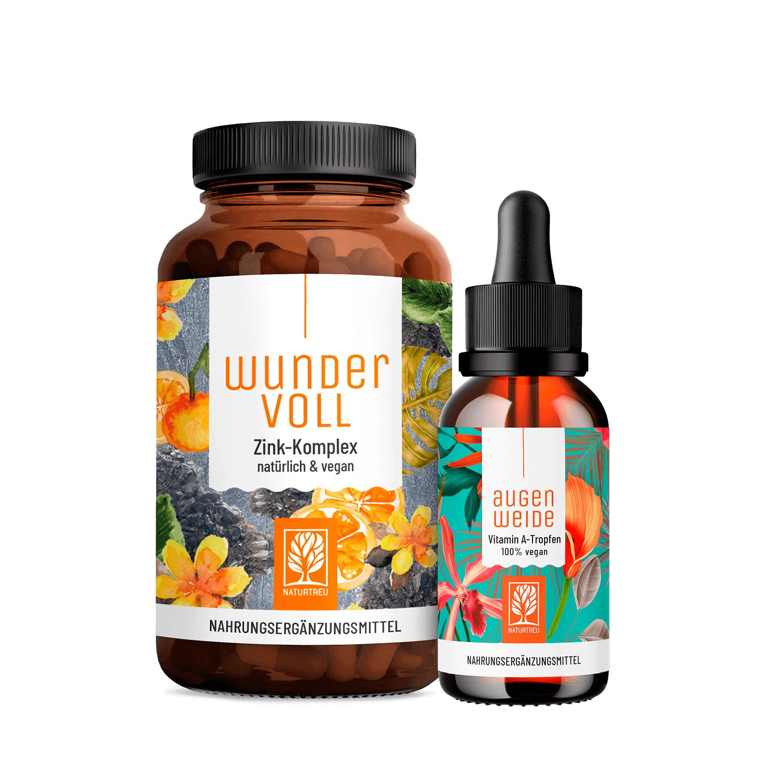Zwei Flaschen: AUGENWEIDE Vitamin A-Tropfen und WUNDERVOLL Zink-Komplex. Beide mit Etiketten und Deckeln. NATURTREU® Logo.