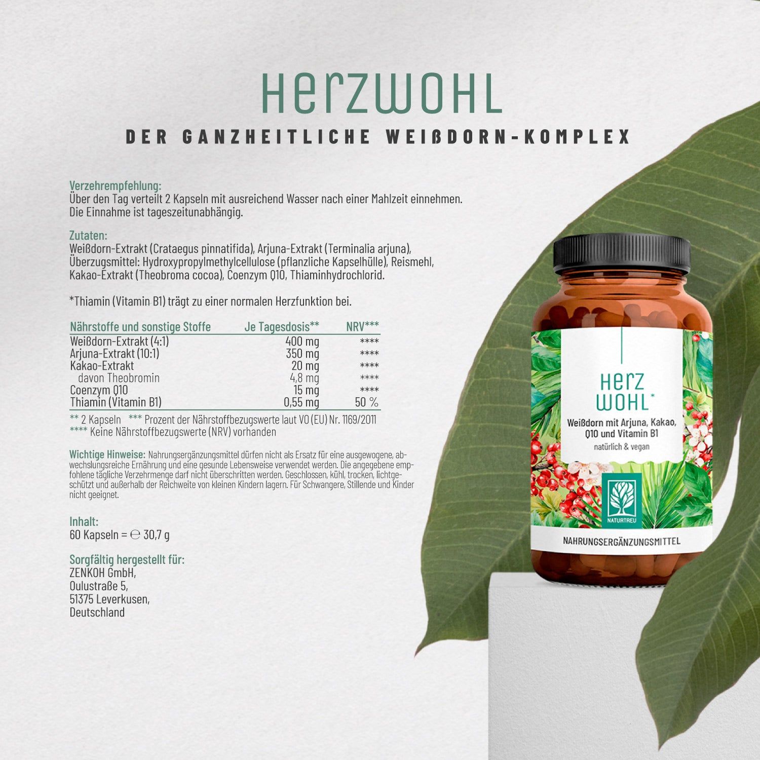 Produktflasche und Text. Text: Herz Wohl, der ganzheitliche Weißdorn-Komplex. Verzehrempfehlung, Zutaten, Nährstoffe, Inhalt: 60 Kapseln.