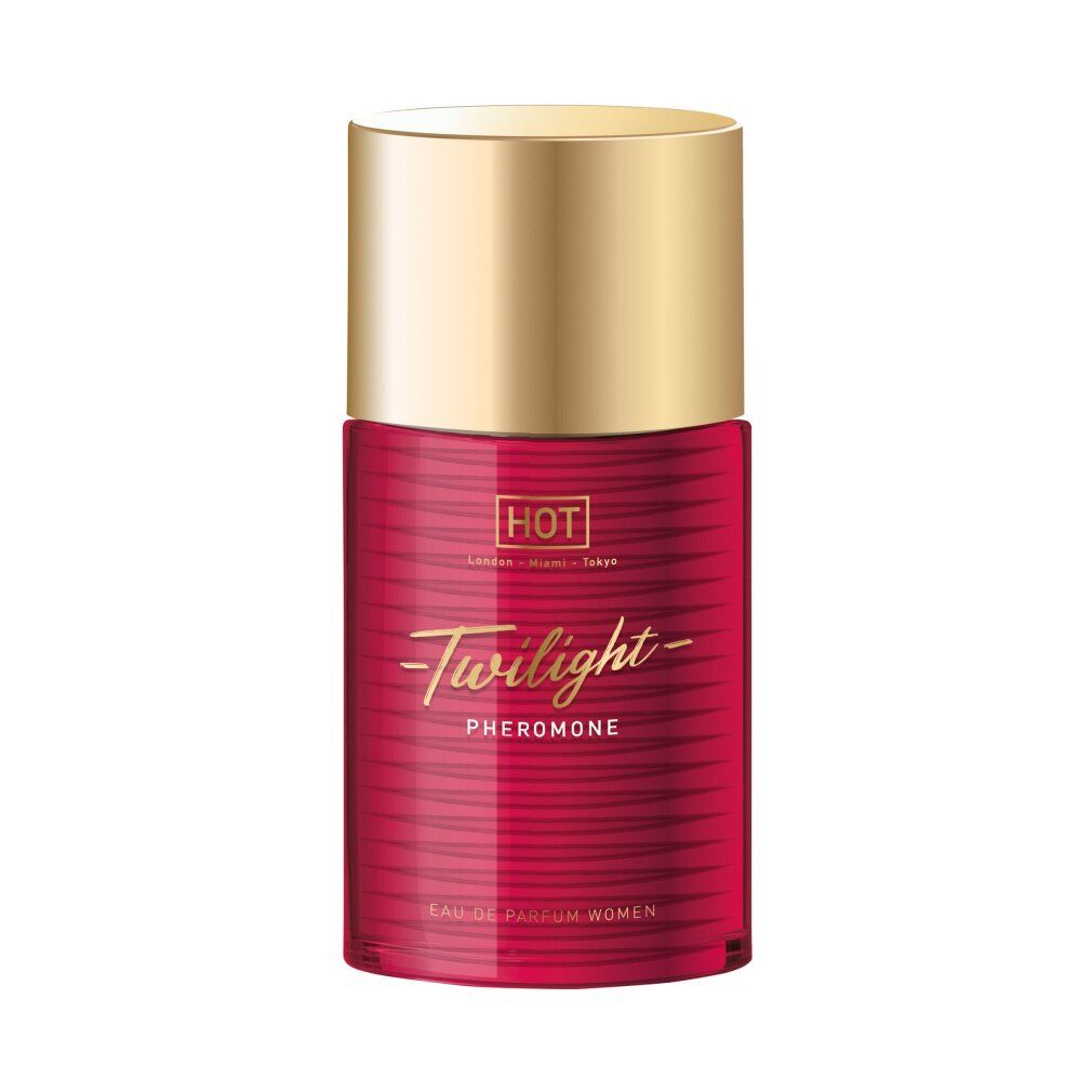 Twilight Pheromone Parfum für Damen in roter Flasche mit goldenem Verschluss.