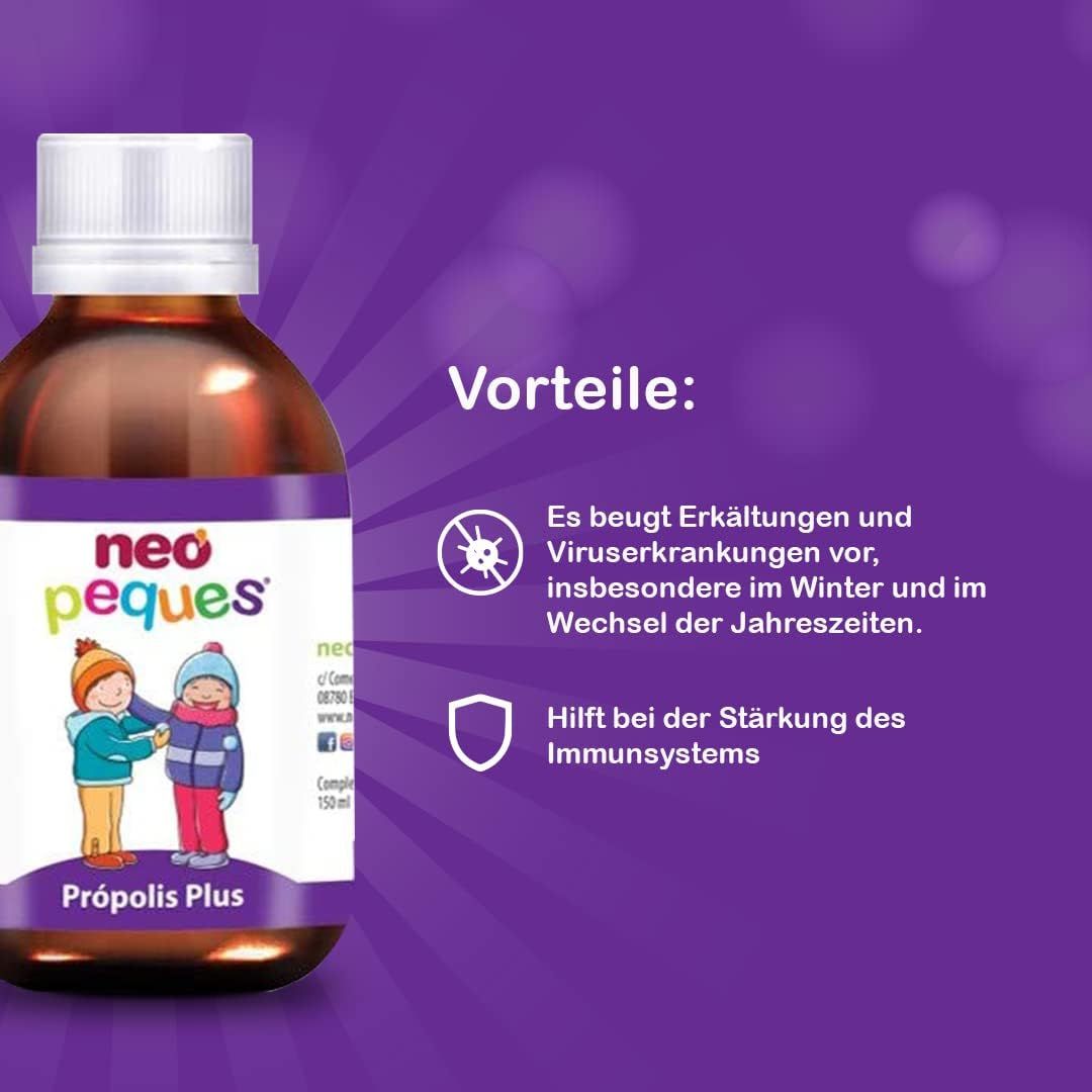 Braune Flasche mit weißem Deckel. Etikett mit Produktnamen und Illustration von Kindern. Text: Vorteile: Beugt Erkältungen vor, stärkt Immunsystem.