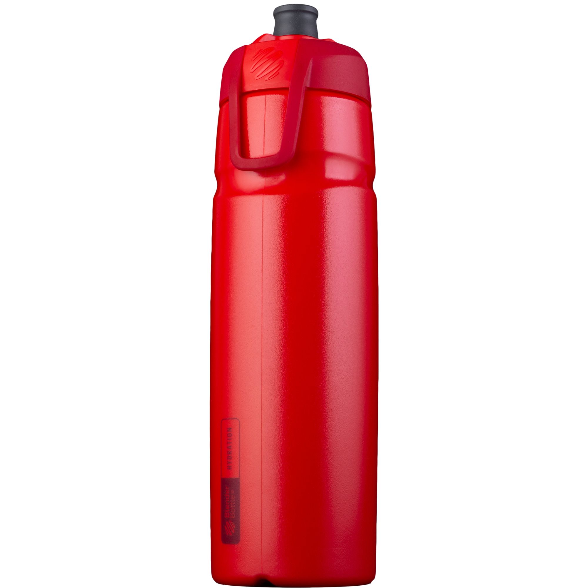 Rote Trinkflasche mit schwarzem Deckel und rotem Verschluss. Aufrechtes Trinken durch Strohhalm.