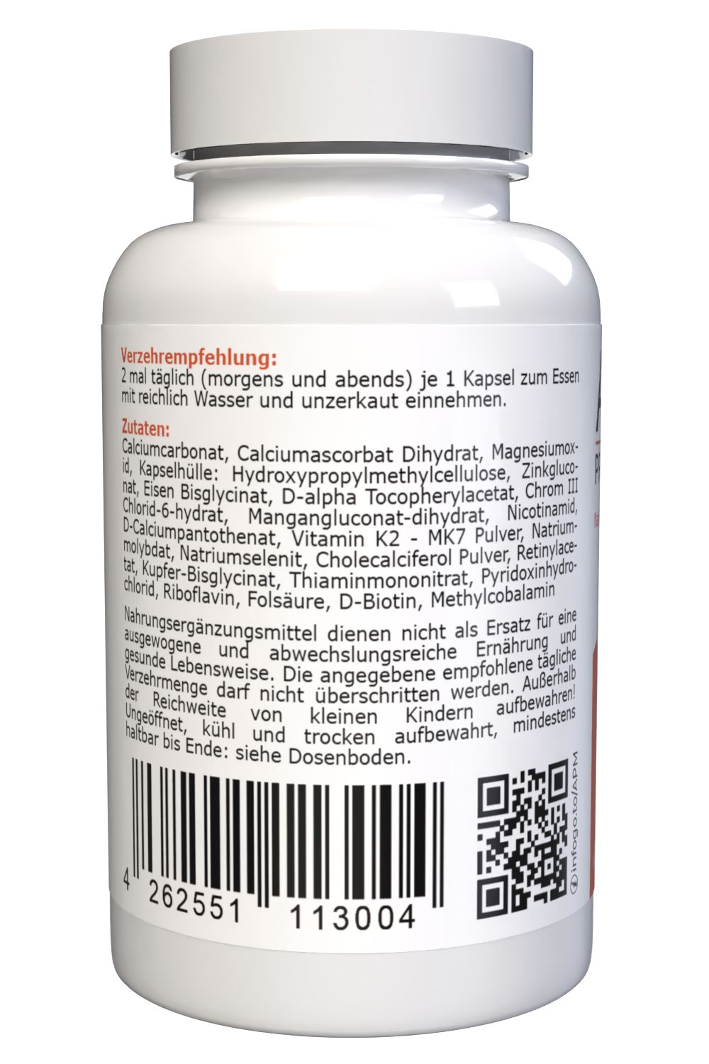 Rückseite einer Flasche mit Nahrungsergänzungsmitteln, Nährwerttabelle pro 2 Kapseln.