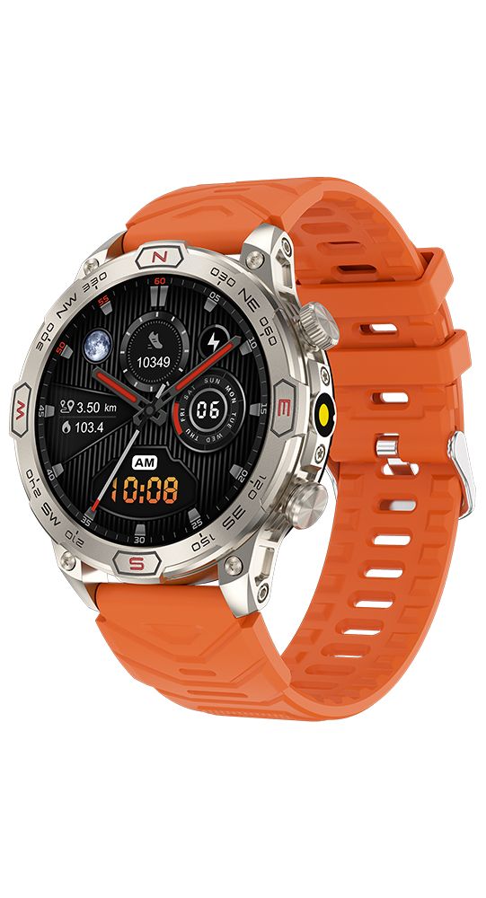 Orangefarbene Smartwatch mit silbernem Gehäuse. Digitales Zifferblatt mit Uhrzeit, Datum und Fitnessdaten. Orangefarbenes Armband.