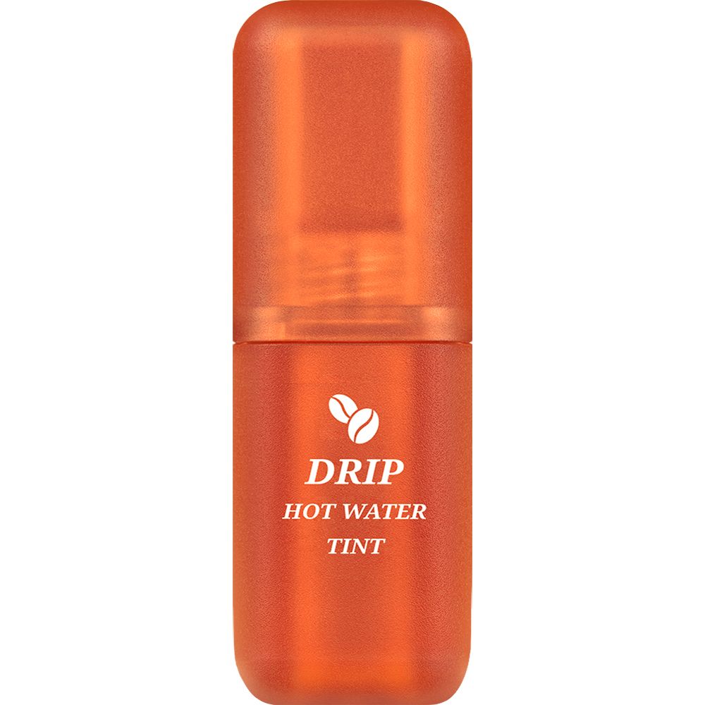Orangener Lip Tint mit Schriftzug 'DRIP HOT WATER TINT'. Kappe geschlossen. Kaffee-Symbol.