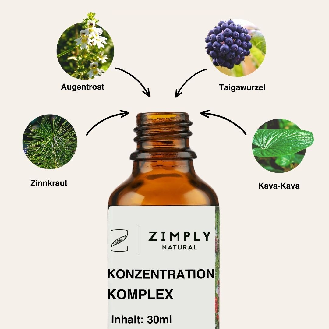 Braune Flasche mit Produktetikett. Grafische Darstellung von Pflanzen: Augentrost, Taigawurzel, Zinnkraut, Kava-Kava. Text: Konzentration Komplex.