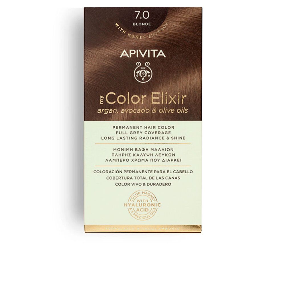 APIVITA Color Elixir 7.0 Blond. Verpackung mit Produktinformationen. Enthält Honigextrakt, Argan-, Avocado- und Olivenöle.