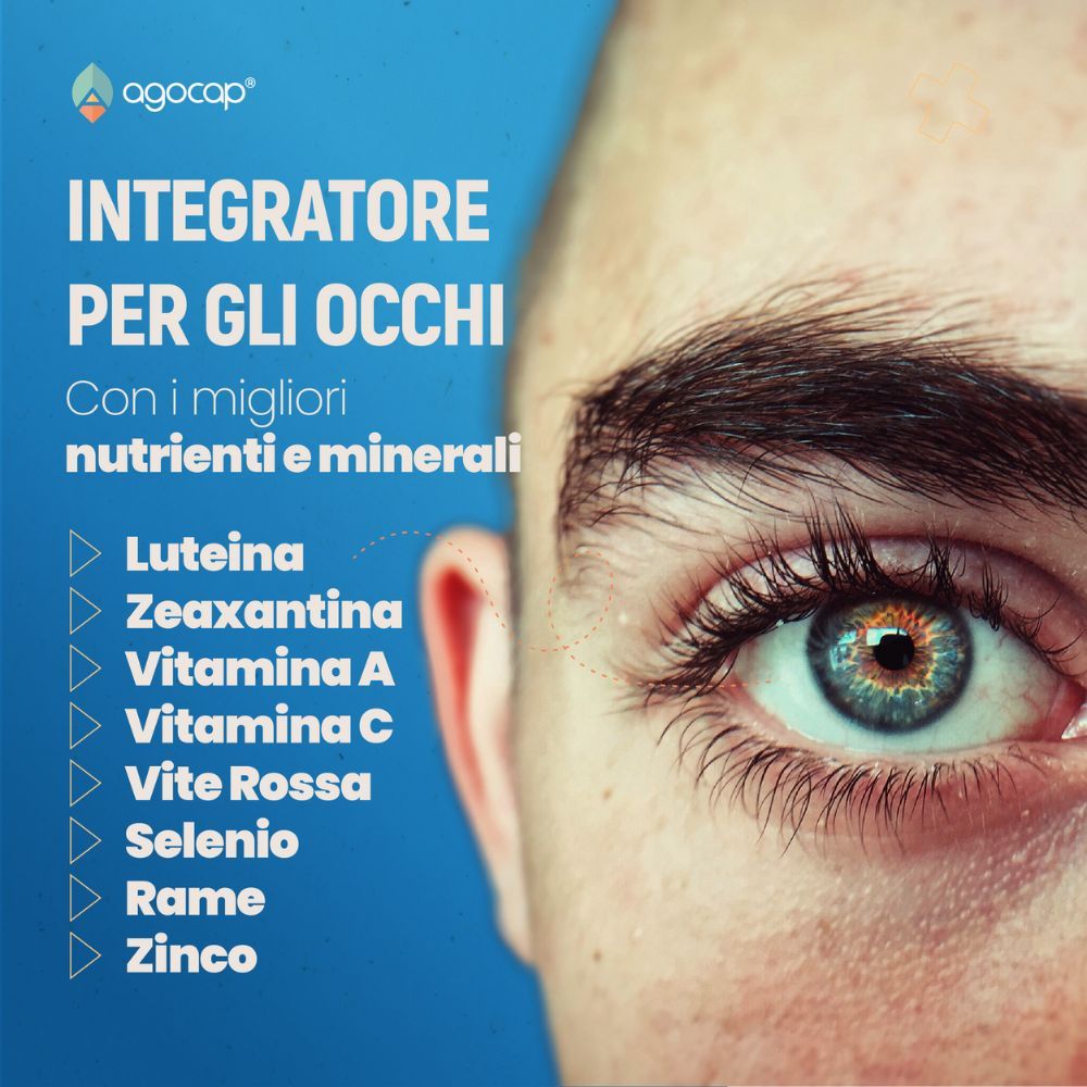 Primo piano di un occhio. Testo: Integratore per gli occhi. Con Luteina, Zeaxantina, Vit. A, C, Vite Rossa, Selenio, Rame, Zinco.