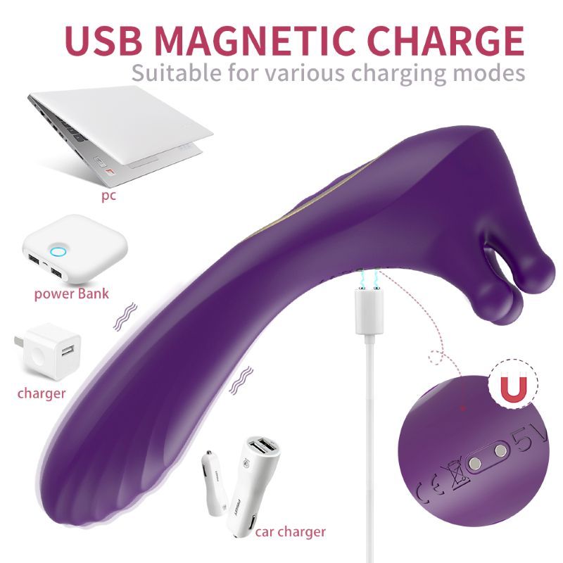 Lila Vibrator mit drei Kugeln am Kopf. USB-Magnetladekabel und verschiedene Lademöglichkeiten.