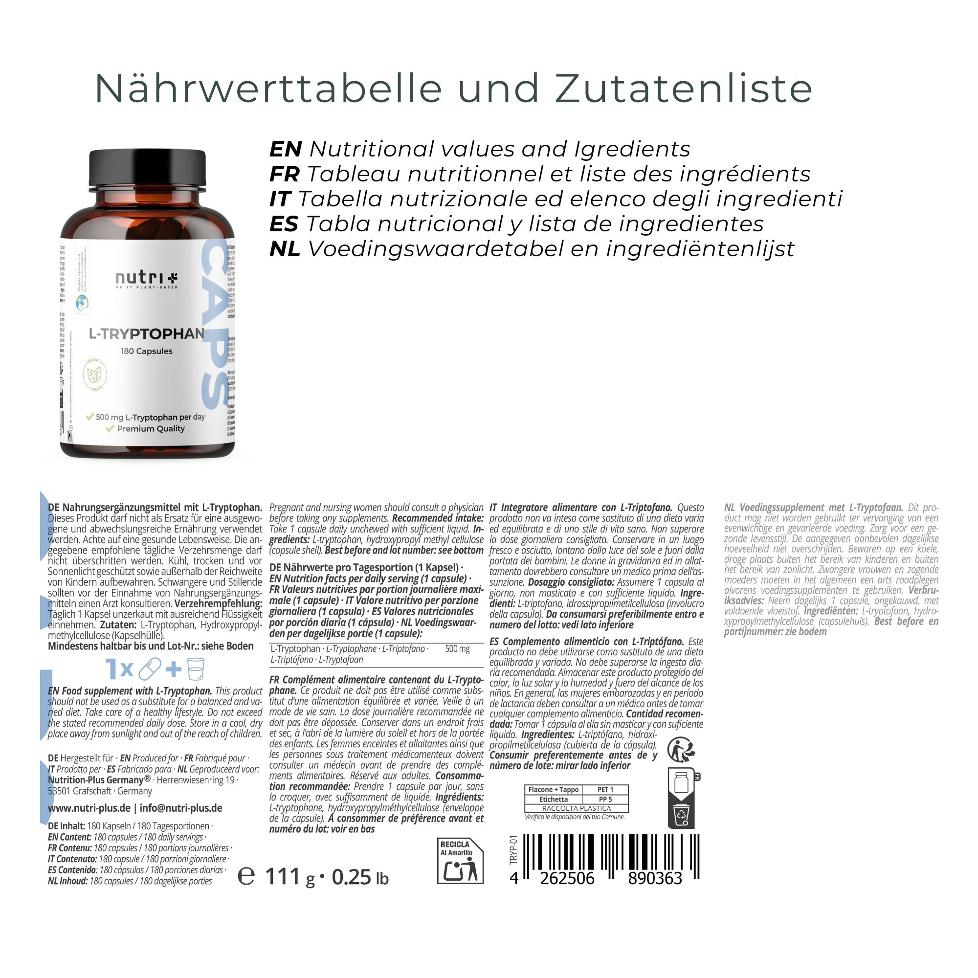 Braune Flasche mit nutri+ L-Tryptophan Kapseln. Rückseite mit Nährwerttabelle und Zutatenliste. Text in Deutsch, Englisch, Italienisch und Niederländisch.