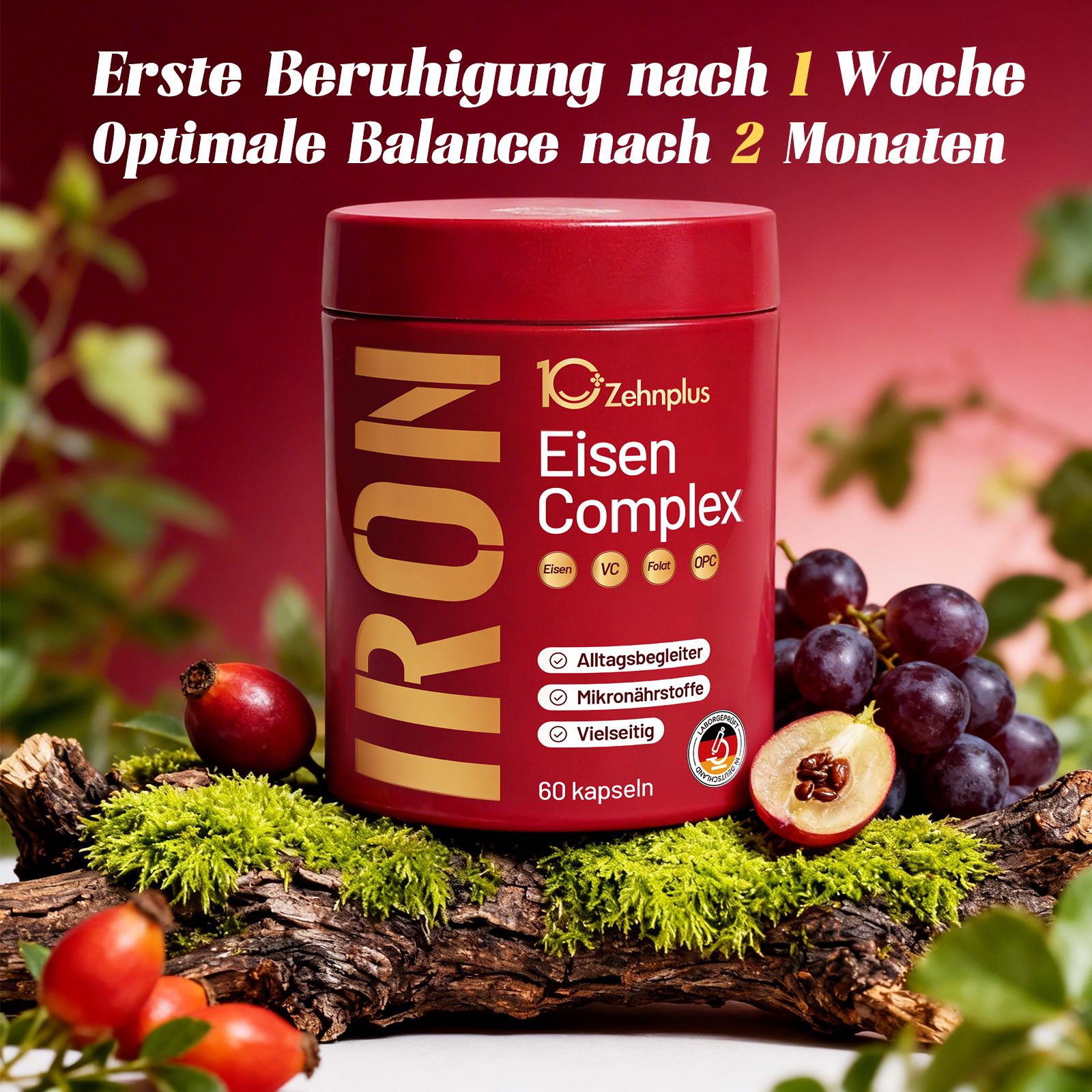 Rote Dose mit "IRON Eisen Complex" Aufschrift, 60 Kapseln. Beigefügt: Trauben, Hagebutten, Moos.