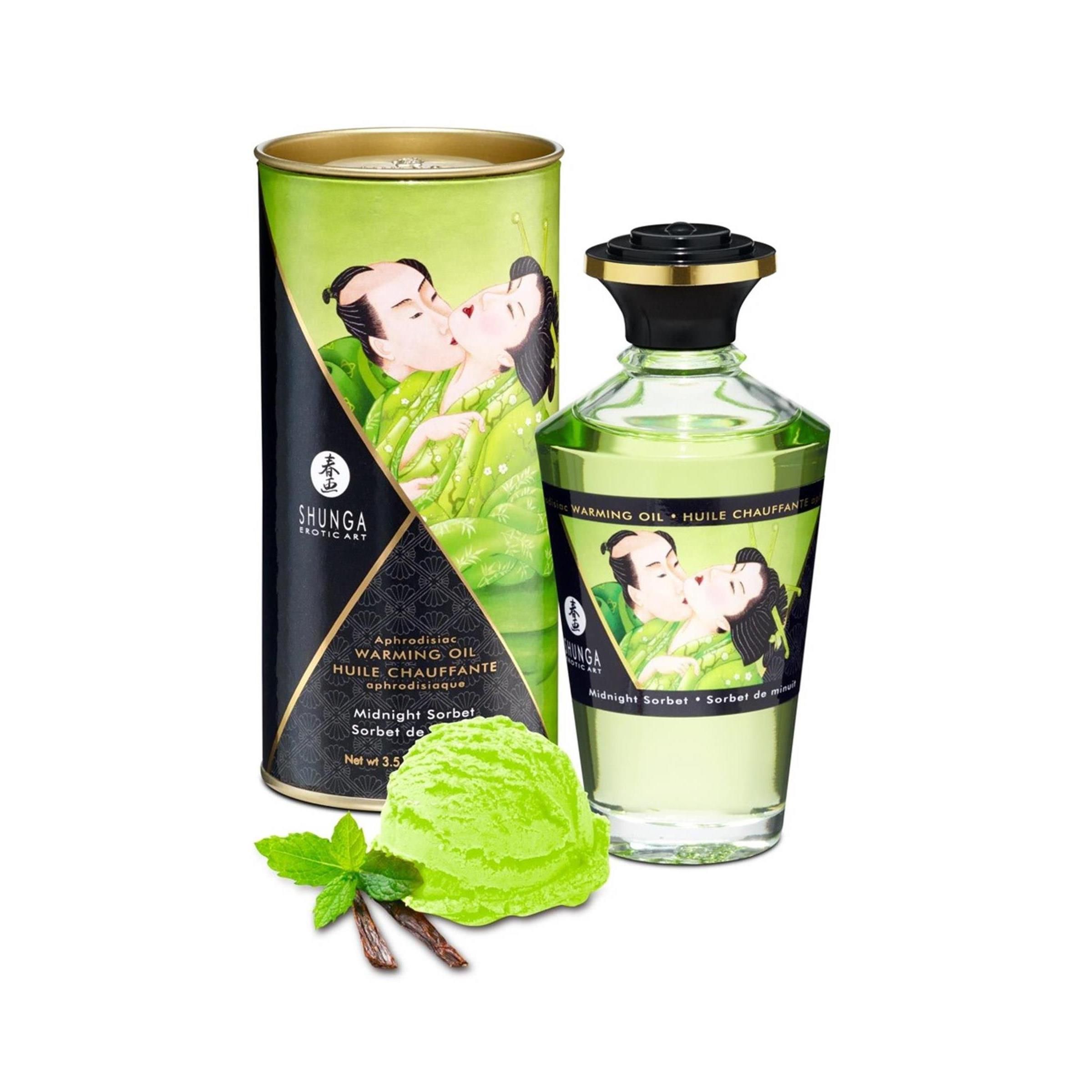 Glasflasche und Dose mit Etikett. Abbildung eines küssenden Paares. Aufschrift: Shunga, Warming Oil, Midnight Sorbet.