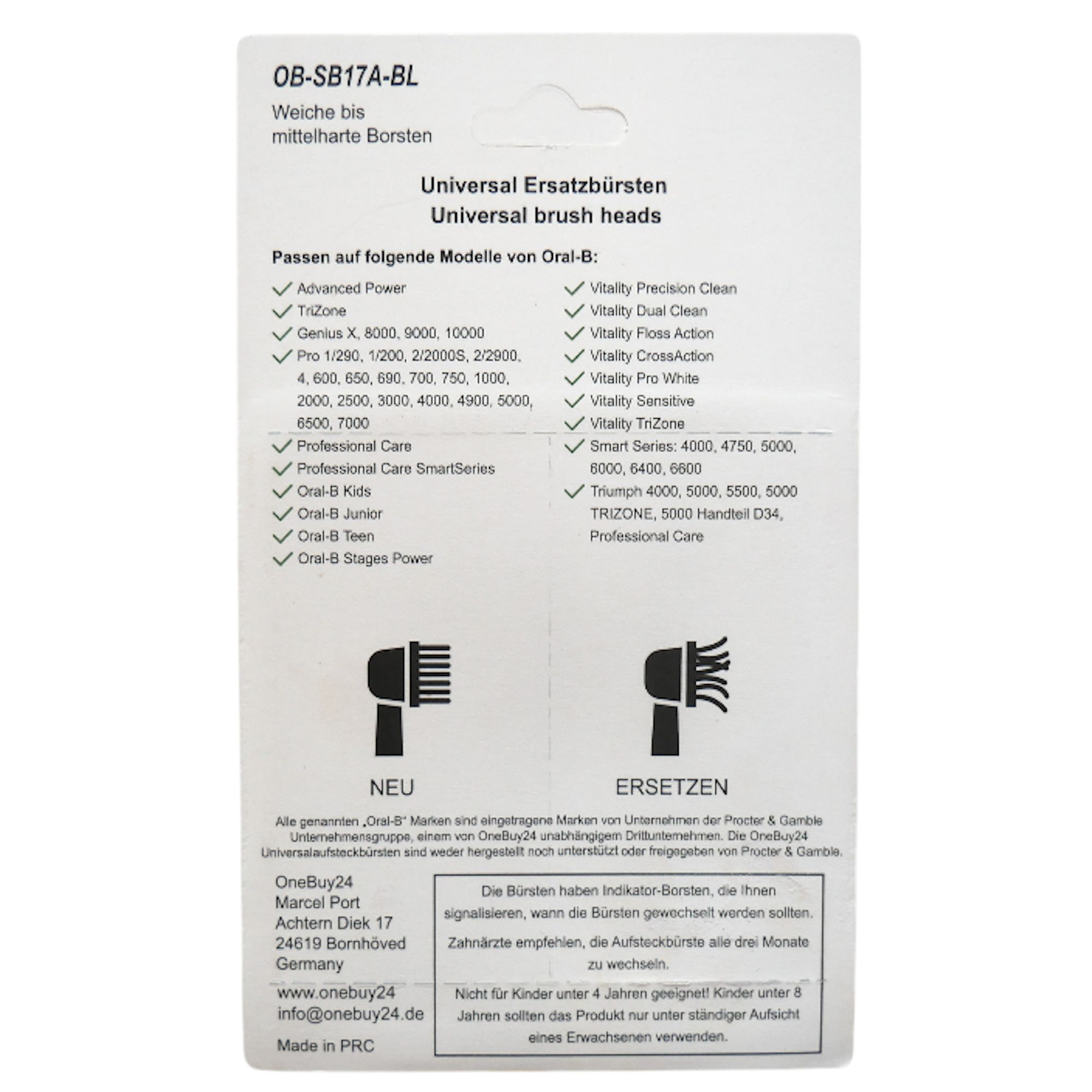Rückseite der Verpackung mit Produktinformationen und Kompatibilitätsliste für Oral-B Modelle.