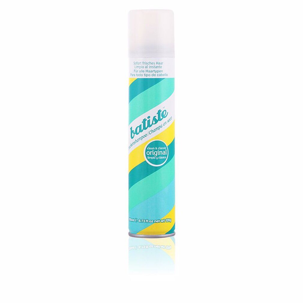 Batiste Trockenshampoo Original. Zylindrische Dose mit weißem Deckel. Türkis-gelbes Muster. Text: "Clean & classic".
