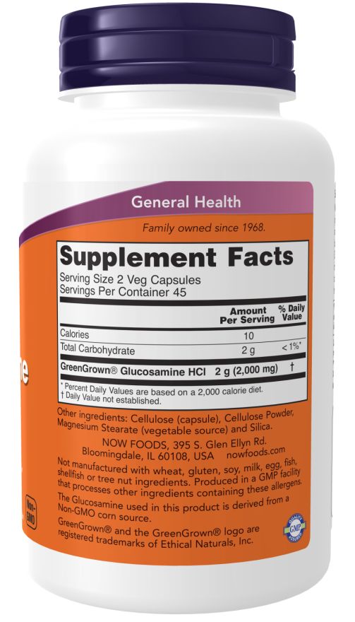 Rückseite der Flasche. Orangefarbenes Etikett mit Nährwertangaben und Inhaltsstoffen. Text: NOW FOODS, GreenGrown Glucosamine.