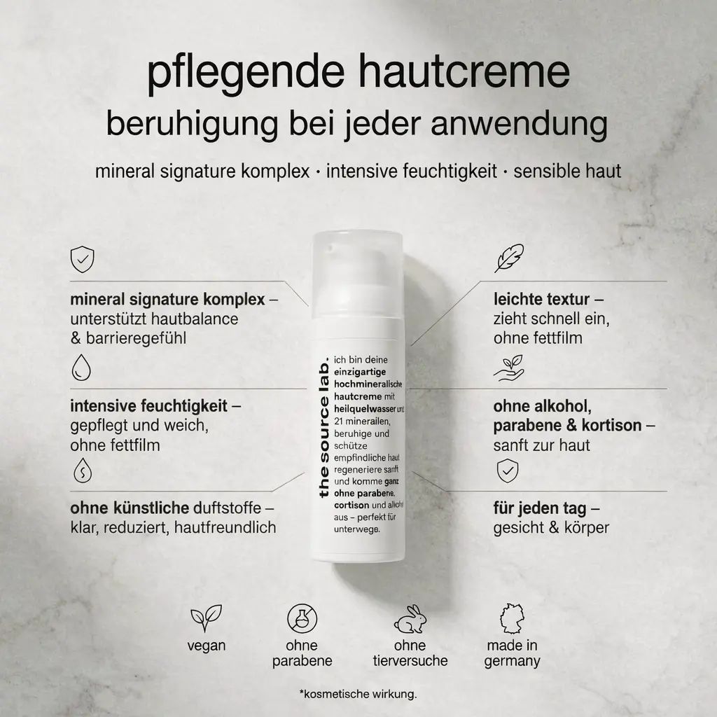 Creme-Flakon mit Text. Text: mineral signature komplex, intensive Feuchtigkeit, sensible Haut. Vegan, ohne Parabene, ohne Tierversuche, made in Germany.