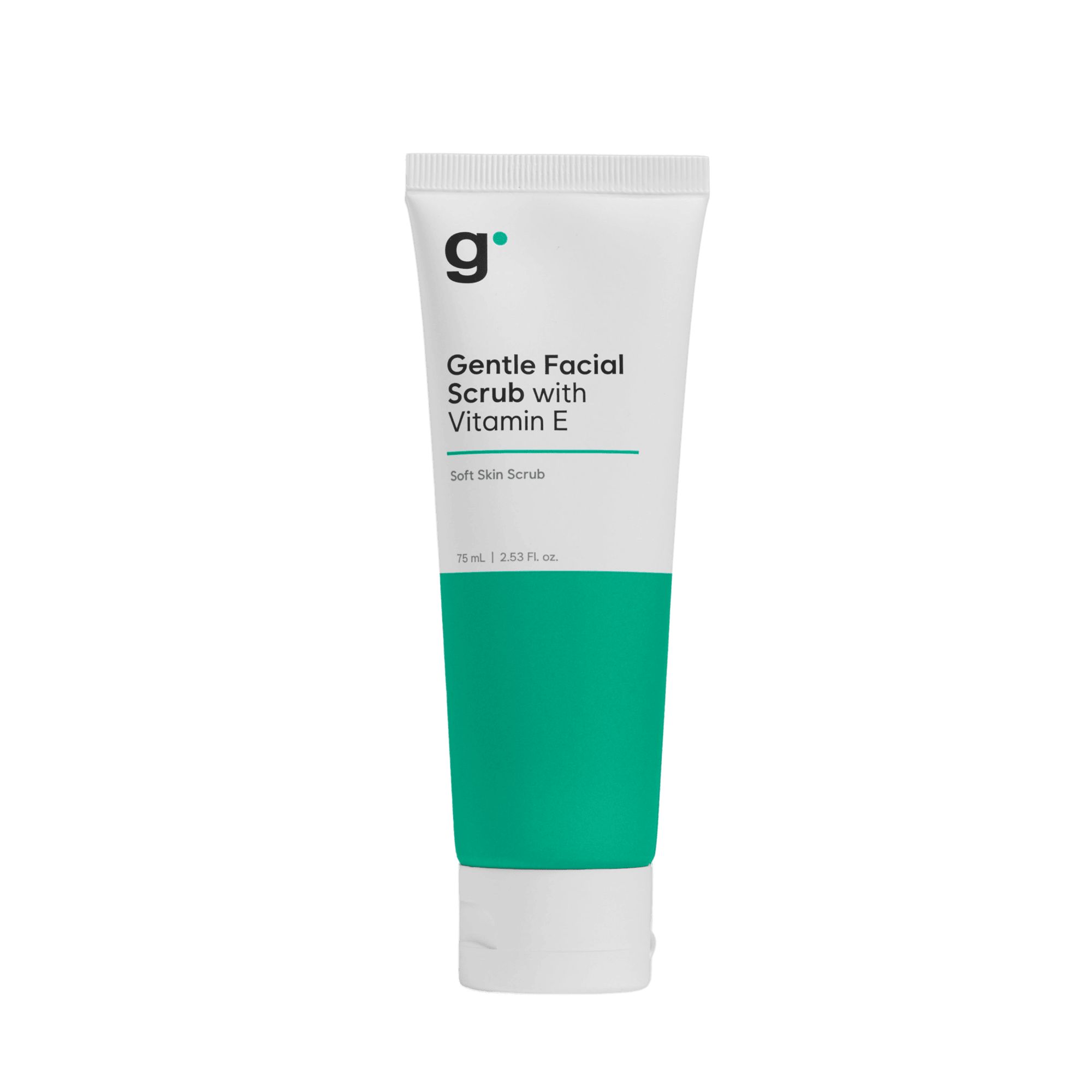 Tube mit weißem Körper und grünem Band. Aufschrift: Gentle Facial Scrub with Vitamin E. Marke 'g'.