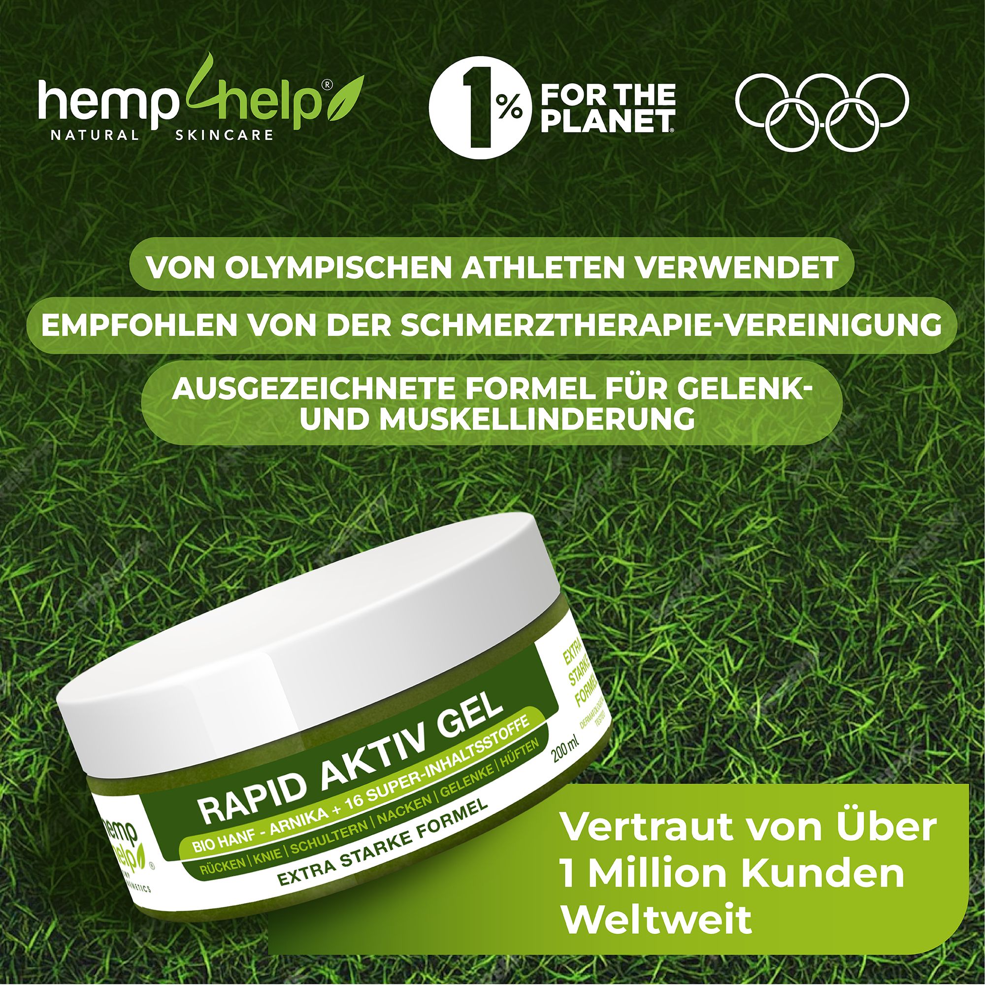 Weißer Tiegel mit grünem Etikett. Text: Von olympischen Athleten verwendet. Vertraut von über 1 Million Kunden weltweit. 1% für den Planeten.