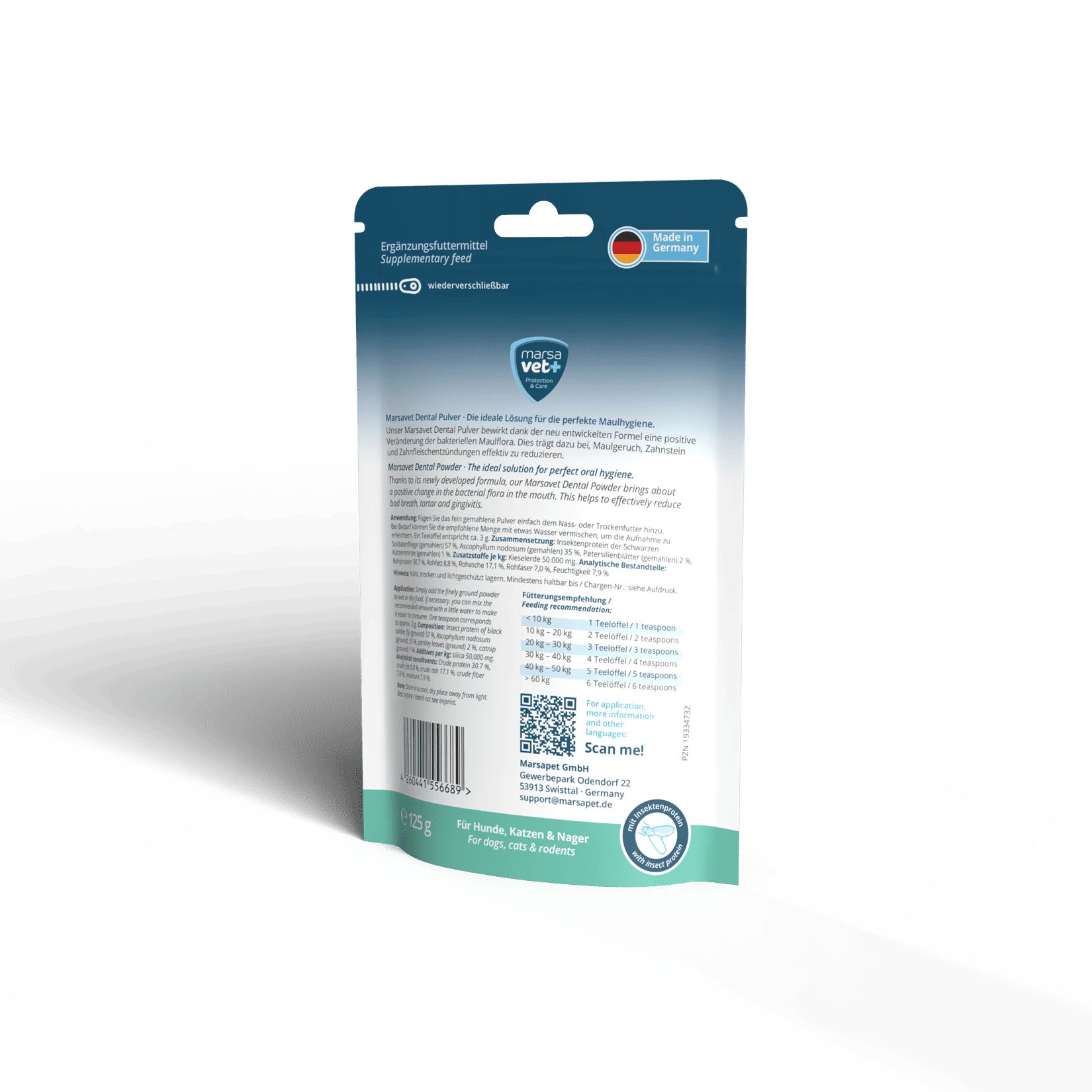 Rückseite eines Beutels Marsavet Gastro Activia Pulver. Text und Logo sichtbar. Für Hunde und Katzen.