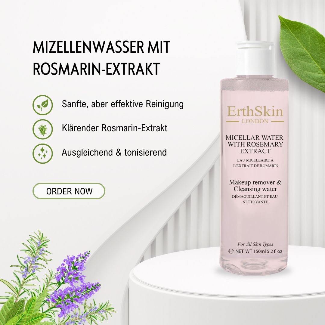 Produktflasche mit Text und Icons. Text: "Mizellenwasser mit Rosmarin-Extrakt". Icons: Eigenschaften. Hintergrund: weiß.