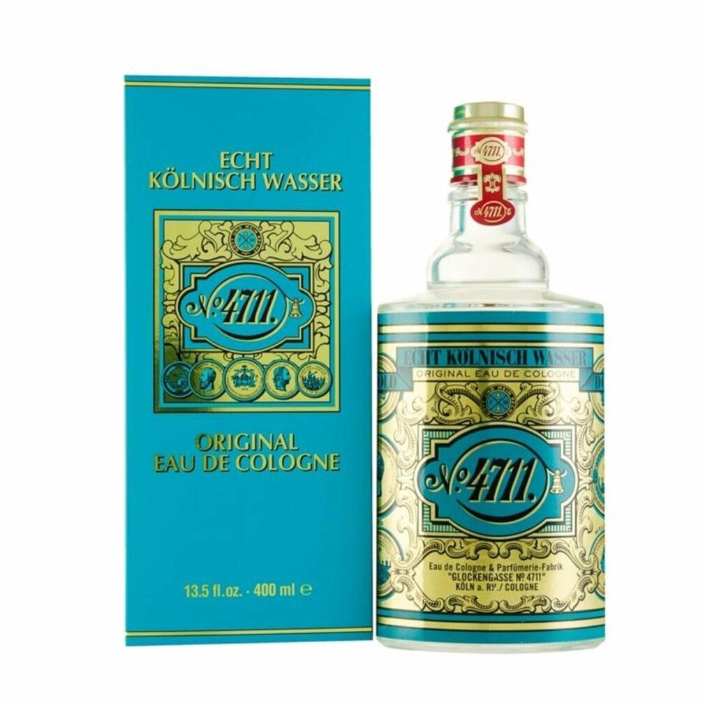 Eau de Cologne-Flakon und -Schachtel. Türkis-goldfarbenes Etikett mit Schriftzug und Logo. 400 ml.