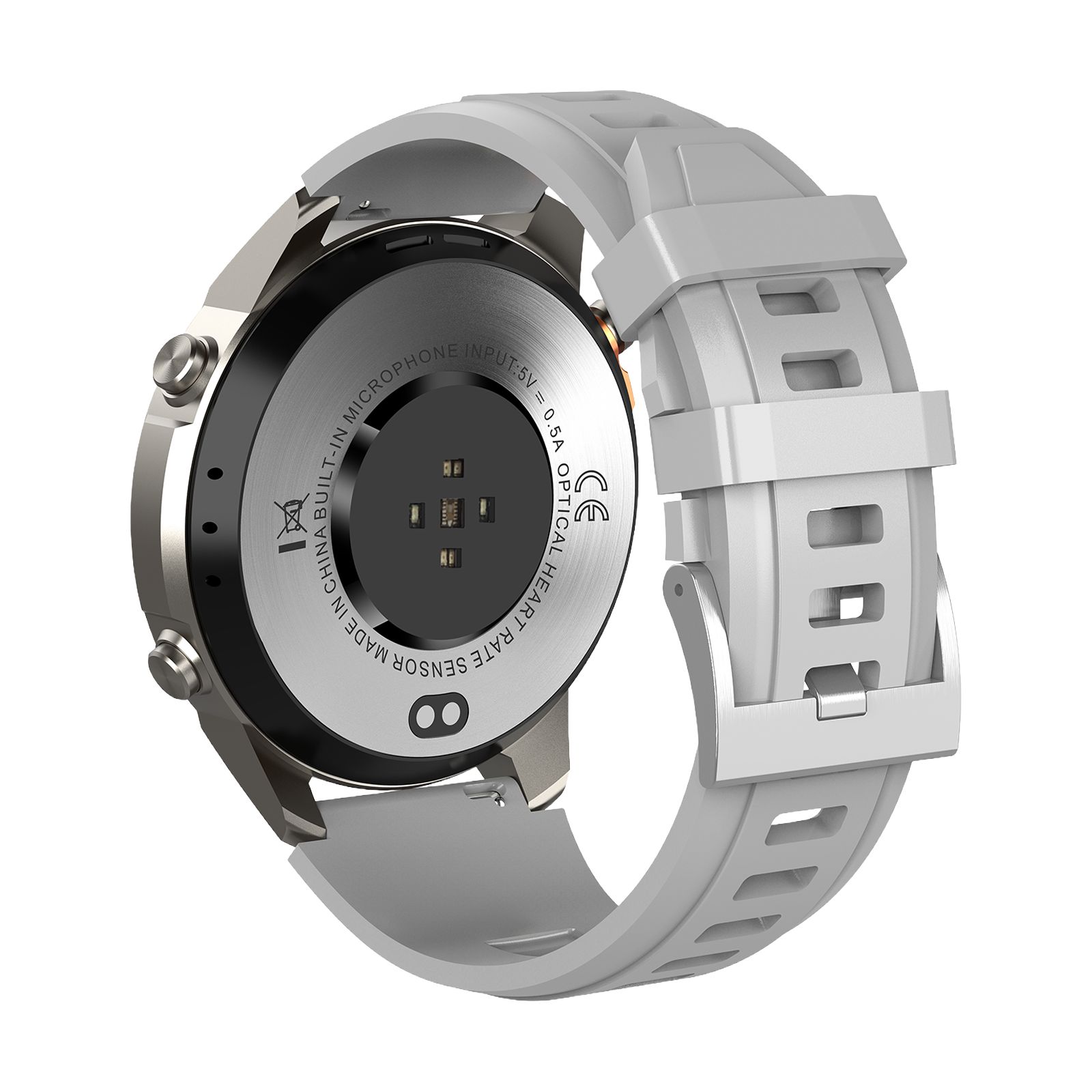 Rückseite einer grauen Smartwatch mit Sensoren und CE-Kennzeichnung. Graues Armband.