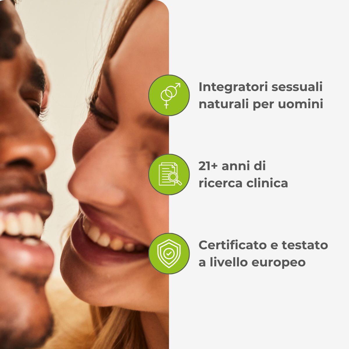 Due persone sorridono. Testo: Integratori sessuali naturali per uomini, 21+ anni di ricerca clinica, certificato europeo.