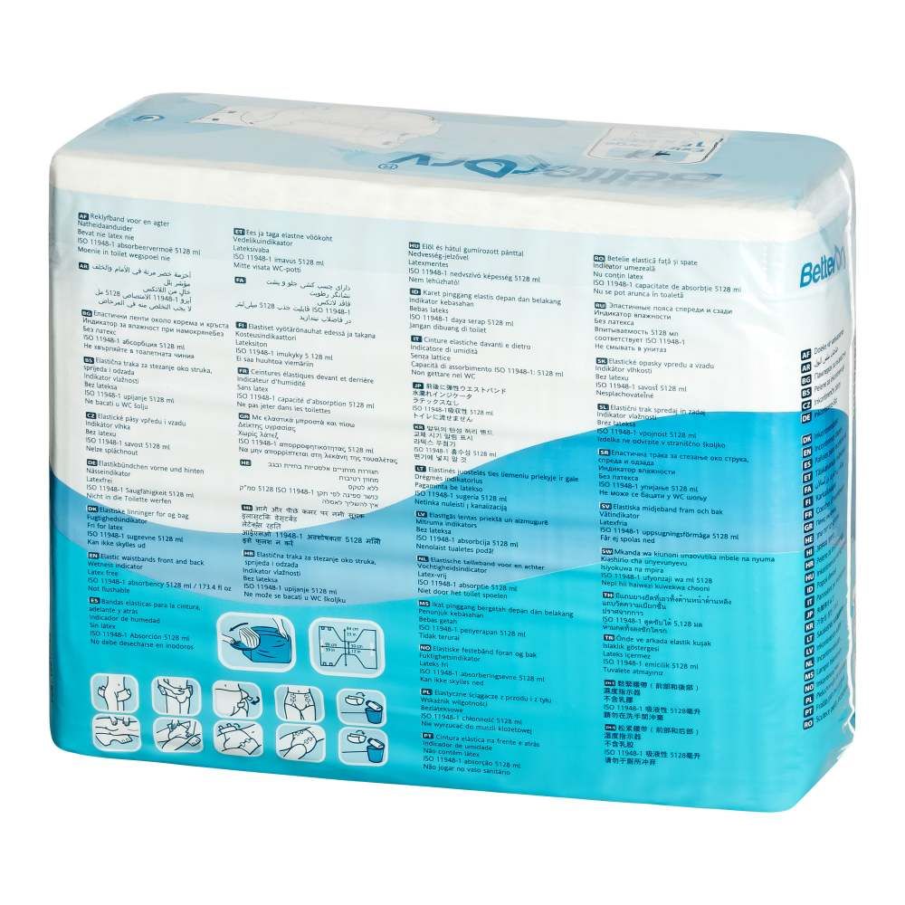 Rückseite der BetterDry XL10 Windelpackung mit mehrsprachigen Informationen und Anwendungshinweisen.