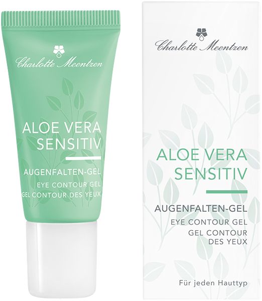 Grüne Tube und Schachtel. Auf der Tube steht: Aloe Vera Sensitiv, Augenfalten-Gel. Auf der Schachtel steht: Charlotte Meentzen, Aloe Vera Sensitiv.