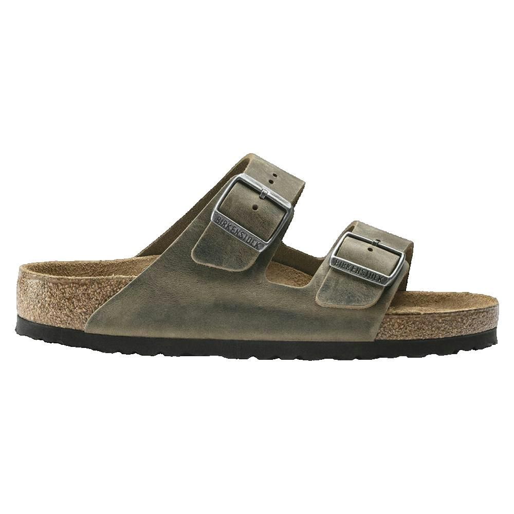 Sandali Birkenstock Arizona grigi. Due cinturini con fibbie. Plantare in sughero. Marchio sulla fibbia.