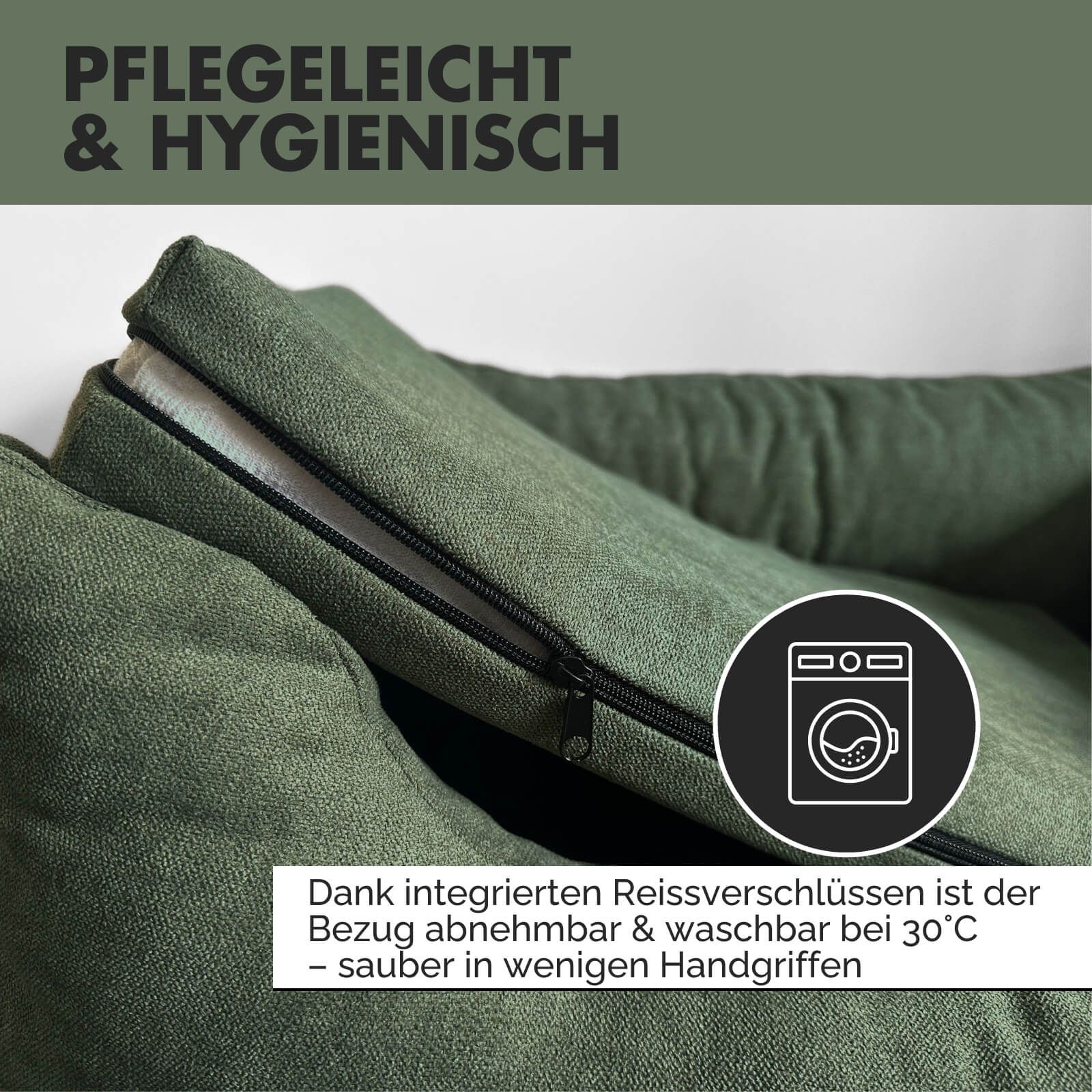 Grünes Hundebett mit Reißverschluss. Text: Pflegeleicht & hygienisch. Waschmaschinen-Symbol. Text: Bezug abnehmbar & waschbar.