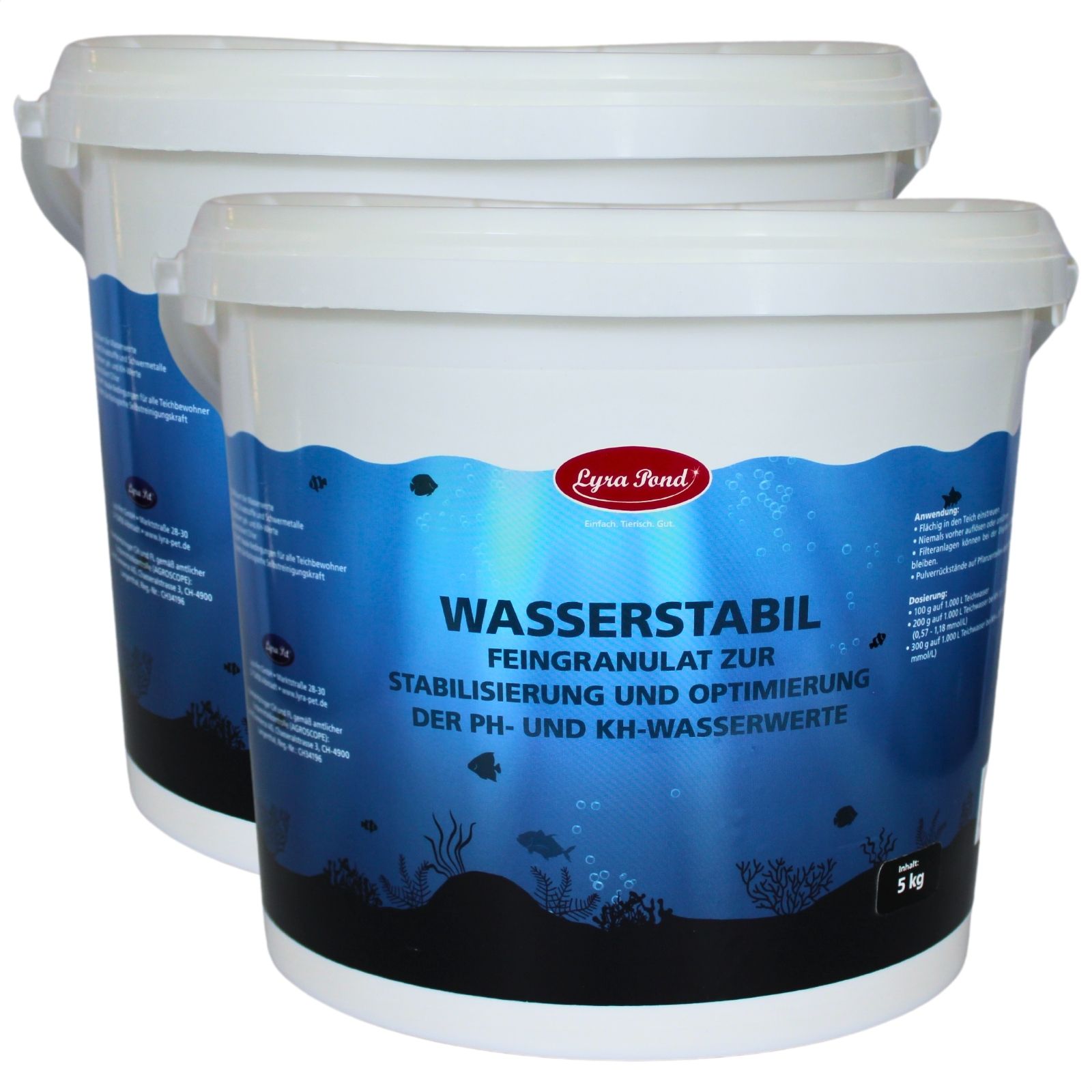 Zwei Lyra Pond Wasserstabil Eimer nebeneinander. 5 kg.