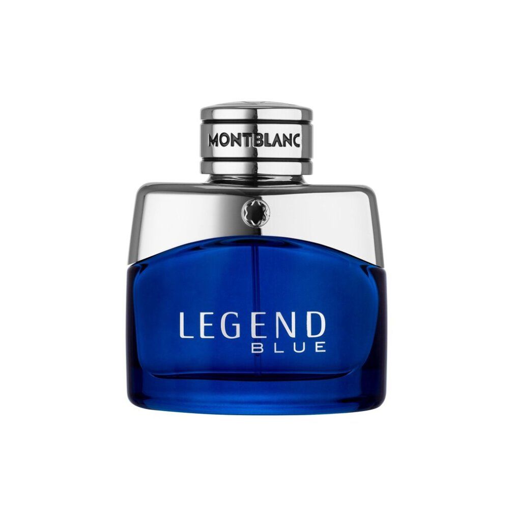 Blauer Flakon mit silbernem Verschluss. Aufschrift LEGEND BLUE und MONTBLANC. EdP Nat. Spray.