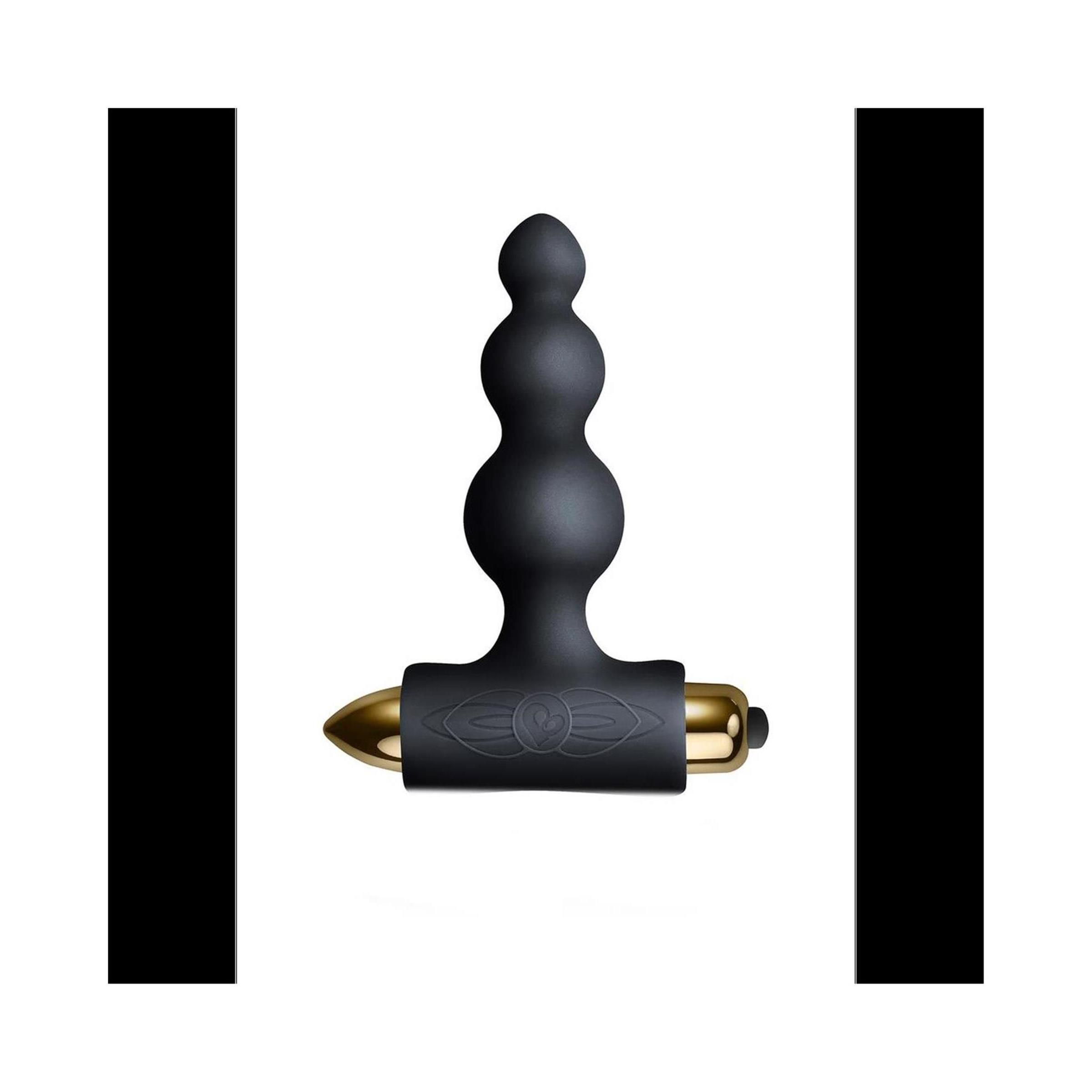 Schwarzes Produkt mit goldfarbenen Akzenten. Form: abgerundete Basis mit drei Kugeln und einem zylindrischen Ende.